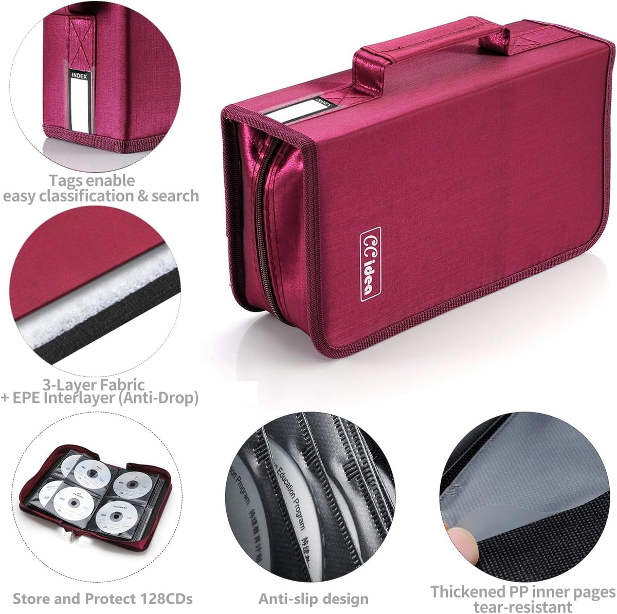 CCidea CD Case DVD Storage Holder, 128 Capacity DVD Cases Organizer CD Plastic Protective Carrying Binder,Portable Cd Wallet for Home Travel (Red), 128-red, L11.4 xW 6.4 x H3.5 INCH, Beauty Case