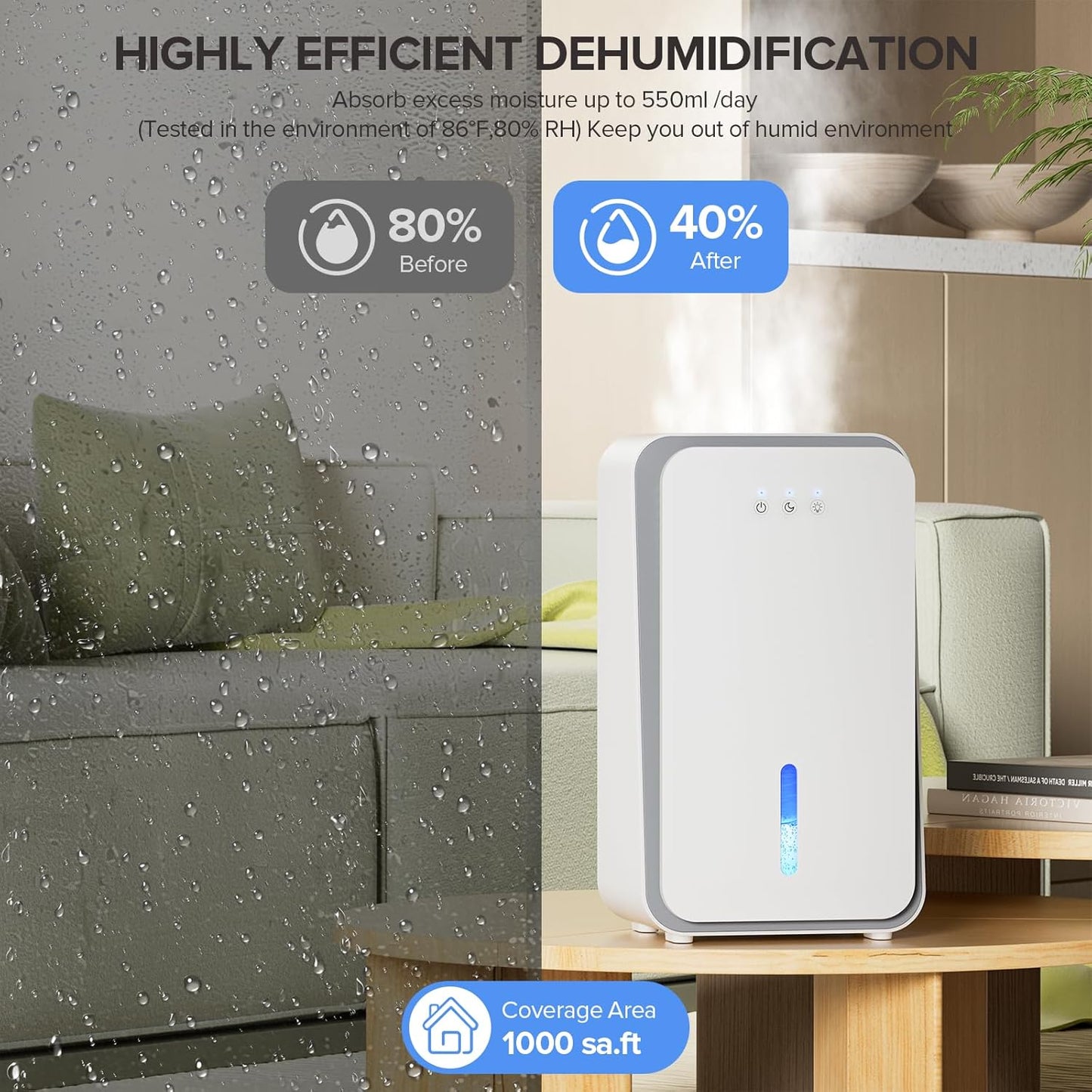 1000 sq.ft Dehumidifier for Home, Dehumidifiers for Basement, Bathroom, Bedroom with Auto Shut Off and Drain Hose, Built-in Aromatherapy Diffuser, 7 Colors LED Light, Quiet Sleep Mode(White)