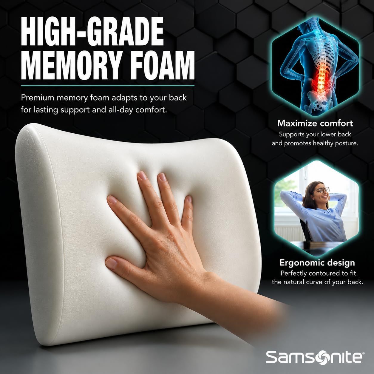 Samsonite Lumbar Support Pillow for Office Chair, Lower Back Support for Car, Back Pillow Desk Chair Cushion with Memory Foam, Improved Posture Backrest