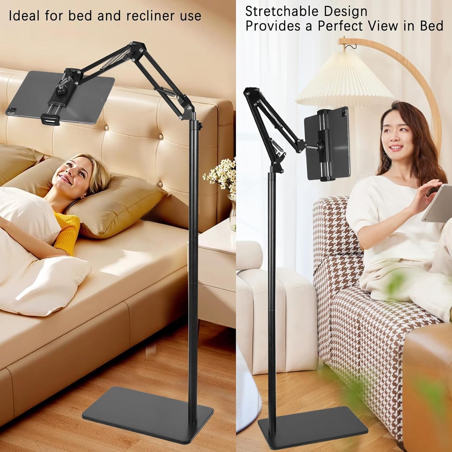 Lucky Trip Tablet Floor Stand with Double Heavy Duty Stable Base Never Tip Over, Adjustable Height Swivel Overhead Bed Tablet Phone Stand Holder for iPad, Kindle, Galaxy Tab, Cell Phones(4.7''-13'')