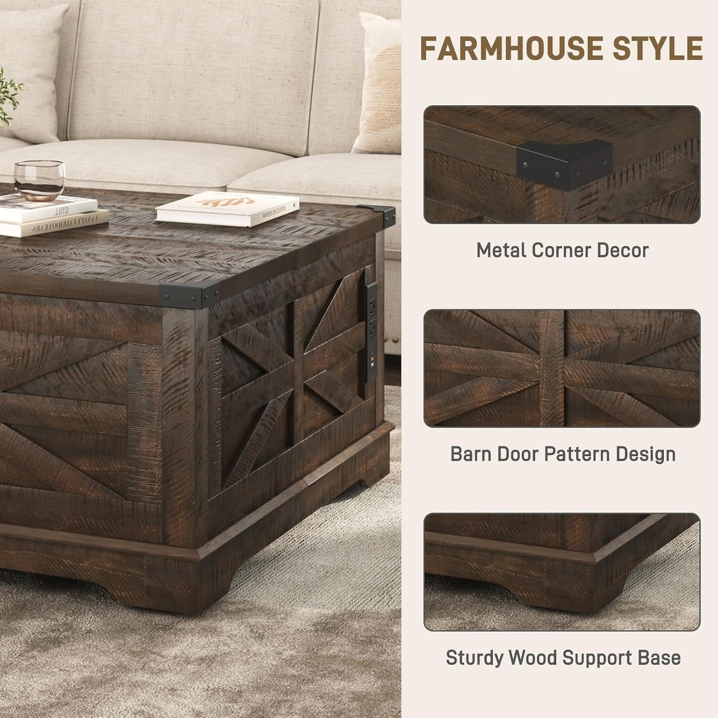 Hlivelood 36" Farmhouse Movable Lift Top Coffee Table with Storage and Power Outlets, Square Wood Living Room Tables with Wheels&Large Hidden Space, Lift Wooden Barn Door Center Table, Brown