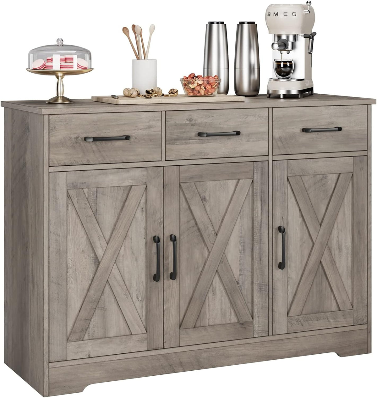 HOSTACK Kitchen Buffet Cabinet with Storage, Sideboard Coffee Bar, Grey | Farmhouse Kitchen Storage Cabinet with 3 Drawers & Adjustable Shelf, 42.5"W Buffet Table for Dining Living Room, White