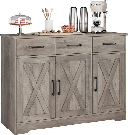 HOSTACK Kitchen Buffet Cabinet with Storage, Sideboard Coffee Bar, Grey | Farmhouse Kitchen Storage Cabinet with 3 Drawers & Adjustable Shelf, 42.5"W Buffet Table for Dining Living Room, White