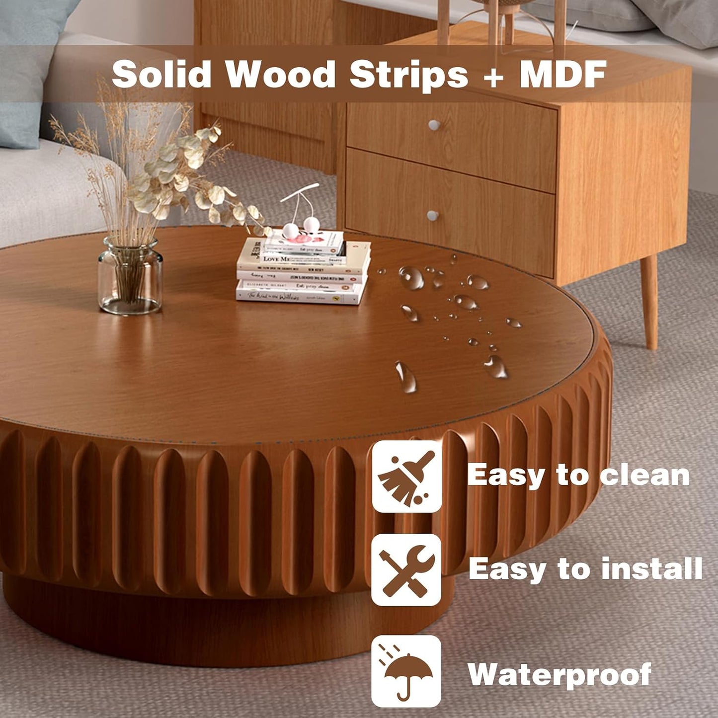 31.5 in Brown Round Drum Coffee Table with Storage | Modern Round Fluted Storage Center Table Handcrafted Solid Wood Fluted Edge, Cylindrical Base For Living Room, Apartment