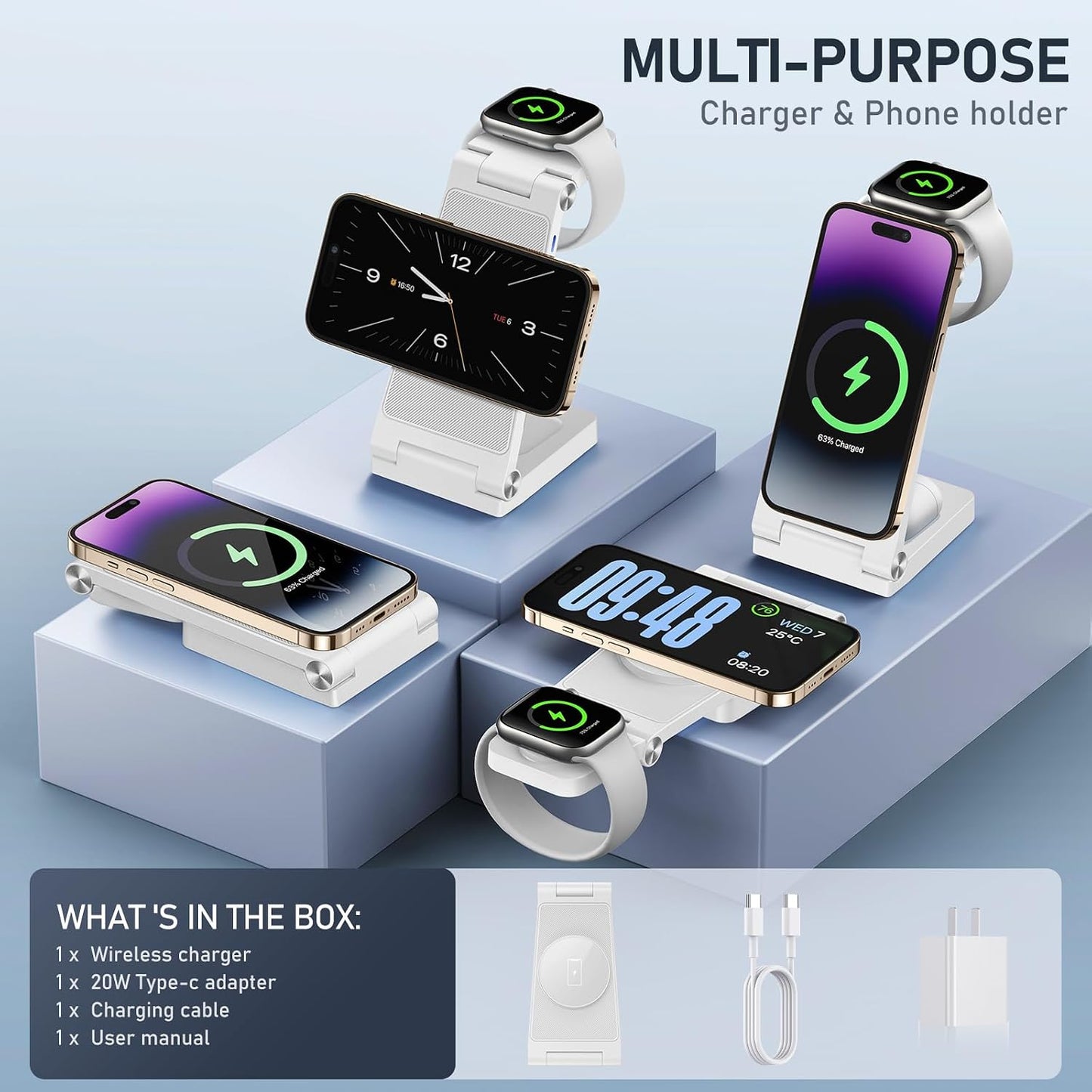 Magnetic Wireless Charger Stand, 3 in 1 Foldable Wireless Charging Station with 20W Adapter, Travel Charger for Multiple Devices for iPhone 16 15 14 13 12 Pro/Max/Plus/Mini, iWatch, AirPods