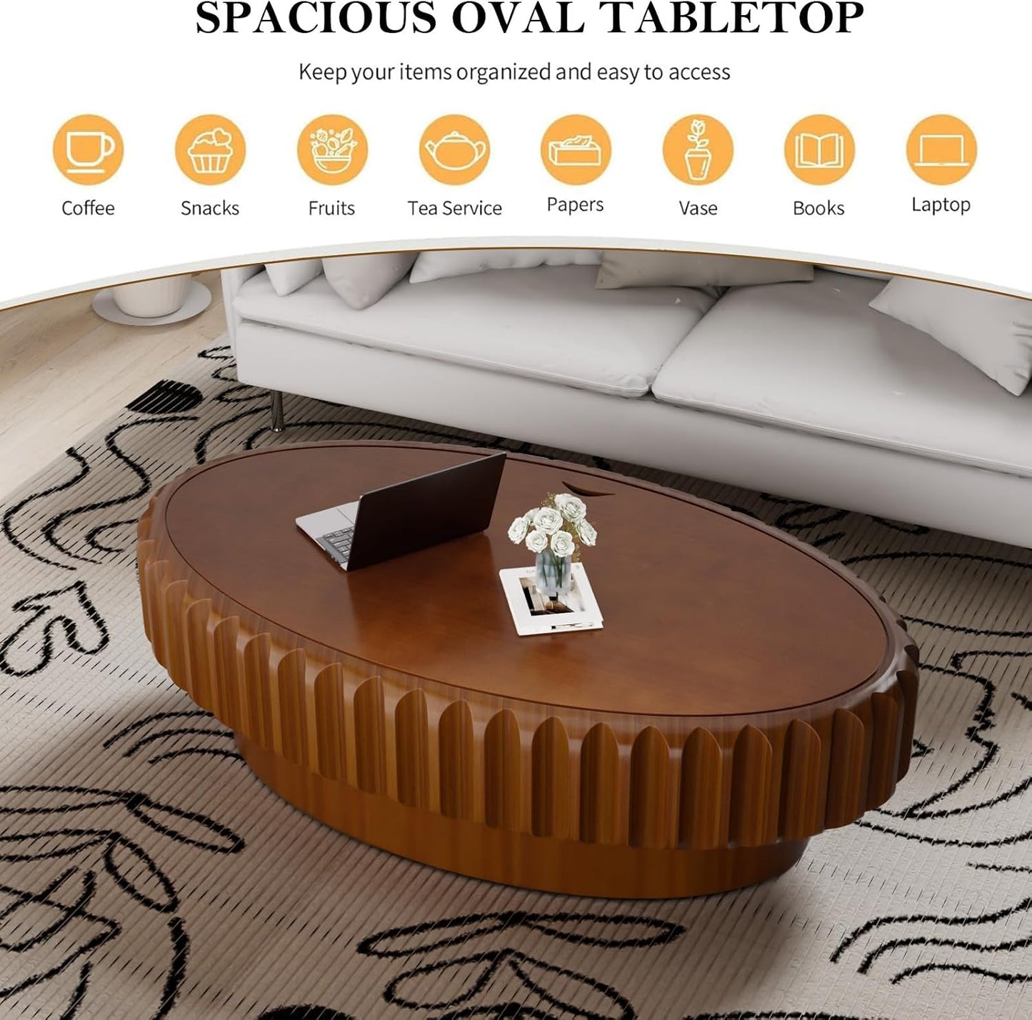 43.3" Oval Drum Fluted Coffee Table (N) | Mid-Century Modern, Easy Assembly, Sturdy Pedestal, Center Tables for Apartment Living Room