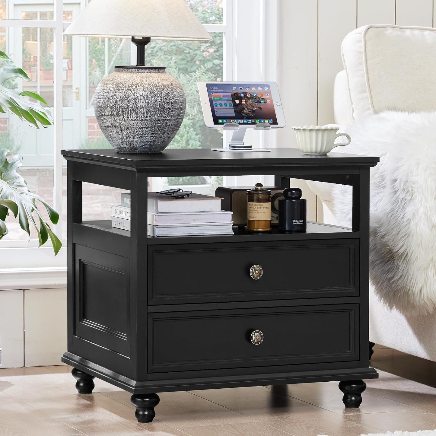 Joaxswe 24" Wide Farmhouse Night Stand,Large End Table with 2 Drawers & Metal Handle,Wood Dresser for Bedroom, Black Bed Side Table Chest of Drawers Cabinet,Nightstand for Living Room,Closet