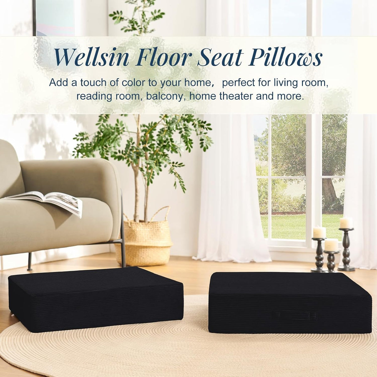 Wellsin Solid Square Floor Pillows for Adults Kids - Large Meditation Floor Pillow Seating Cushion with Thick Foam & Washable Velvet Cover, 1 Pack, 22x22x5 Inch, Black
