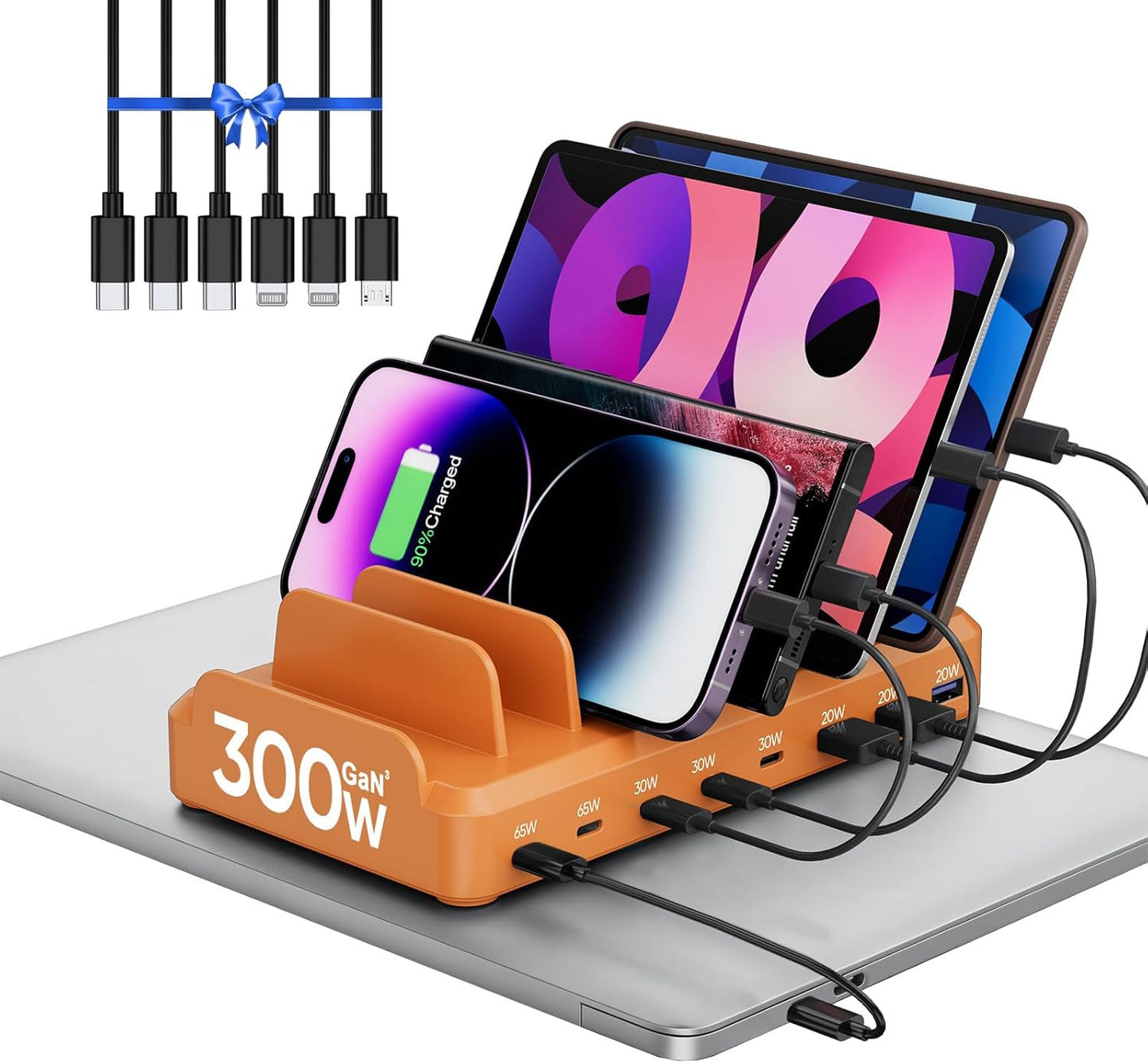 300W Charging Station for Multiple Devices, 8 Port Multi USB C Fast Charger Station Dock for MacBook iPhone 17/16/15/14/13/12 Samsung Pixel Series iPad, Black (6 Mixed Short Cables Included)