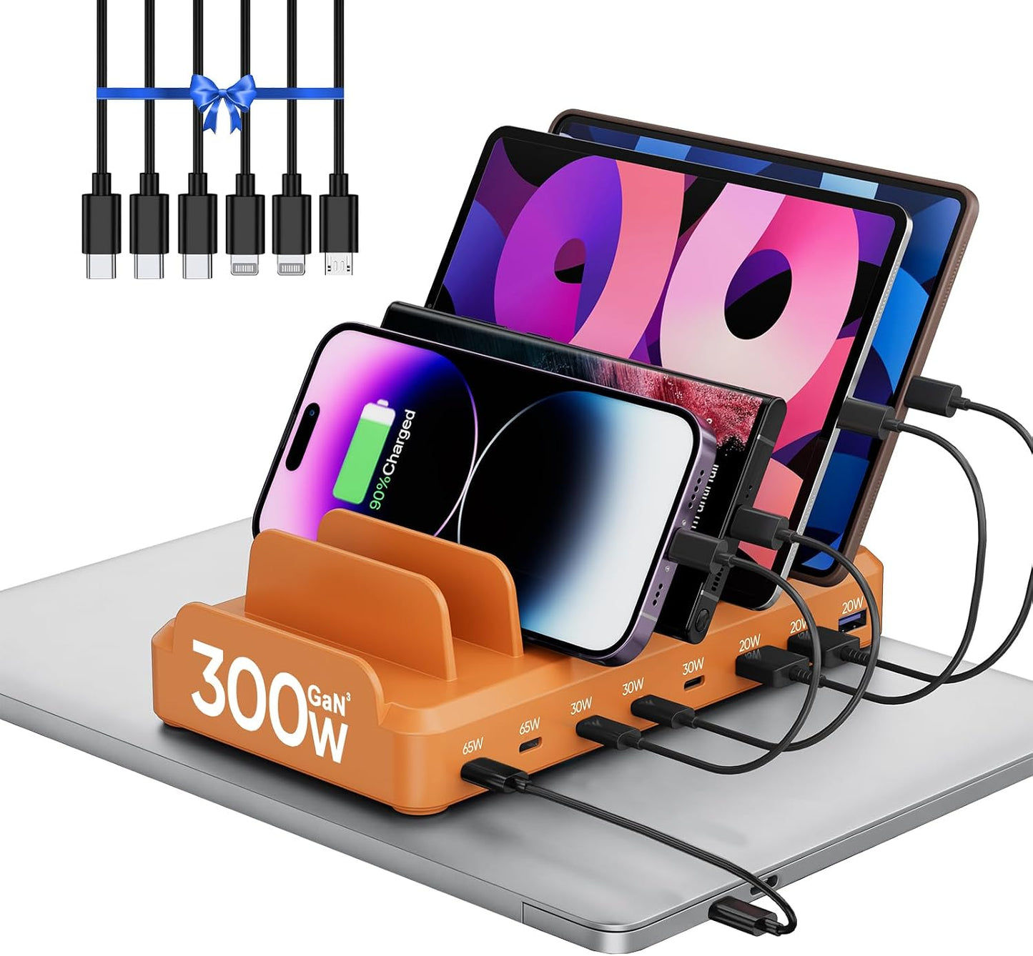 300W Charging Station for Multiple Devices, 8 Port Multi USB C Fast Charger Station Dock for MacBook iPhone 16/15/14/13/12 Samsung Pixel Series iPad, Orange (6 Mixed Short Cables Included)