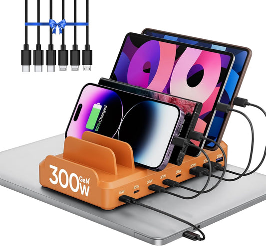 300W Charging Station for Multiple Devices, 8 Port Multi USB C Fast Charger Station Dock for MacBook iPhone 16/15/14/13/12 Samsung Pixel Series iPad, Orange (6 Mixed Short Cables Included)