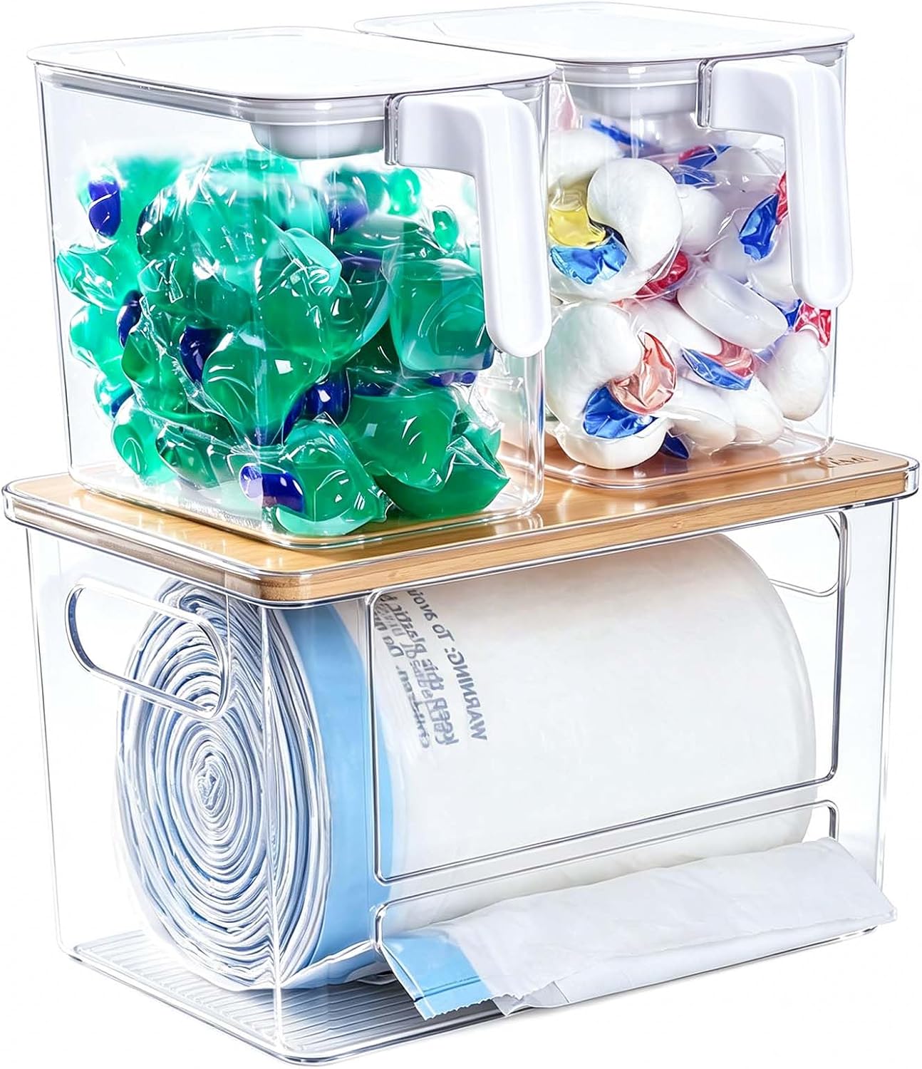 iCASA Trash Bag Holder Laundry Pods Container - 5 in 1 Garbage Bag Dispenser for 13/30/33 Gallon Bags, Clear Stackable Kitchen Under Sink Organizer Dishwasher Pod Storage Home Organization Must Haves
