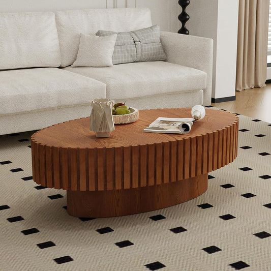 43.3" Oval Coffee Table for Living Room (Wood) | Oval Drum Fluted Coffee Table, Modern Handcrafted Fluted Drum Coffee Tables for Living Room