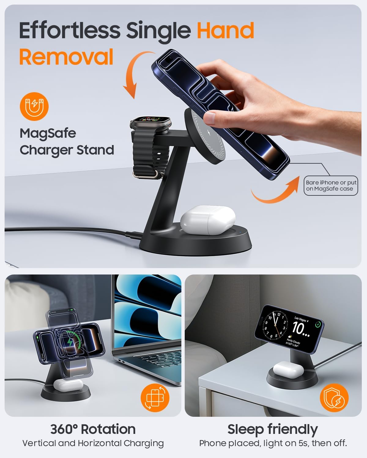 Meifigno 3 in 1 Magnetic 15W Charging Station for Apple Multiple Devices | Wireless Charger Design for MagSafe, for iPhone 17-12 Series, Watch Charger Stand for Apple Watches & Airpods, with Adapter