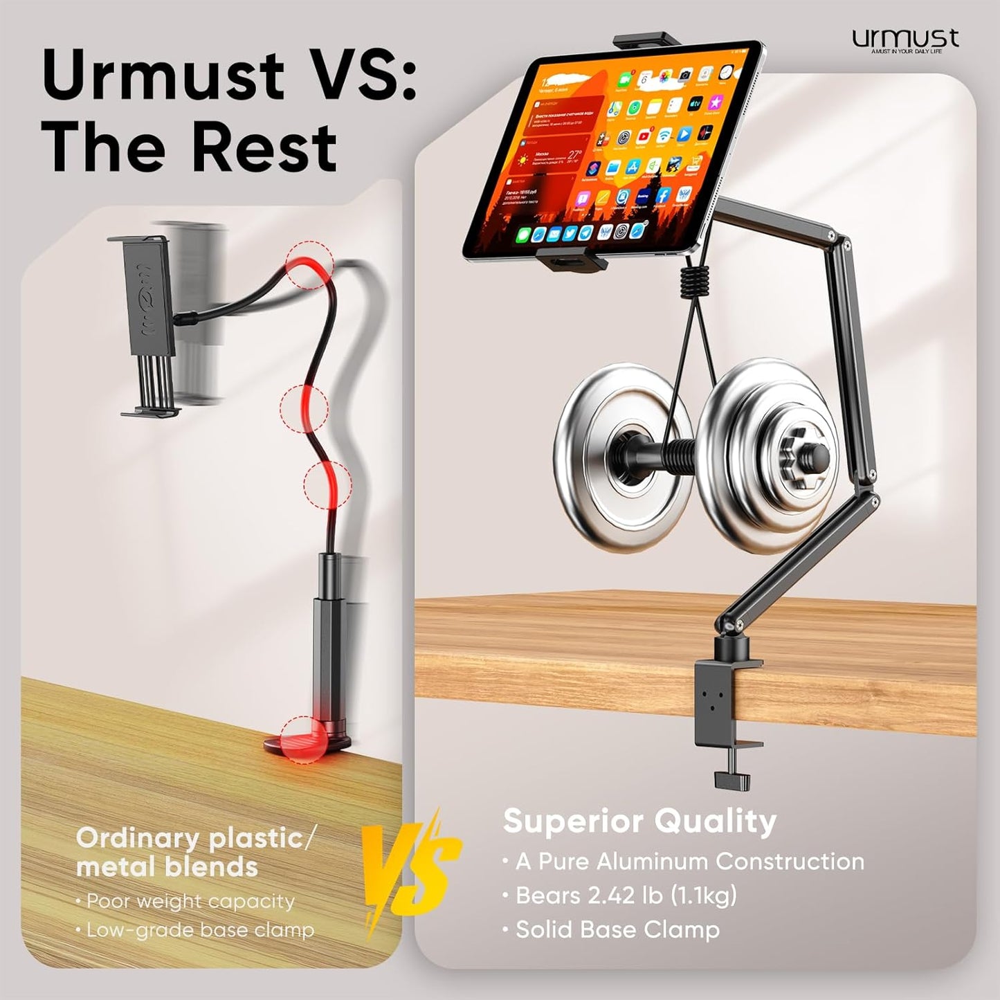 Urmust Tablet Stand for Desk, Adjustable iPad Holder for Bed, 360° Rotation, Sturdy Aluminum Tablet Arm Mount for 4.7"-15.6" iPad Pro/Air/Mini, iPhone, Galaxy Tab, for Kitchen, Work, Video Call