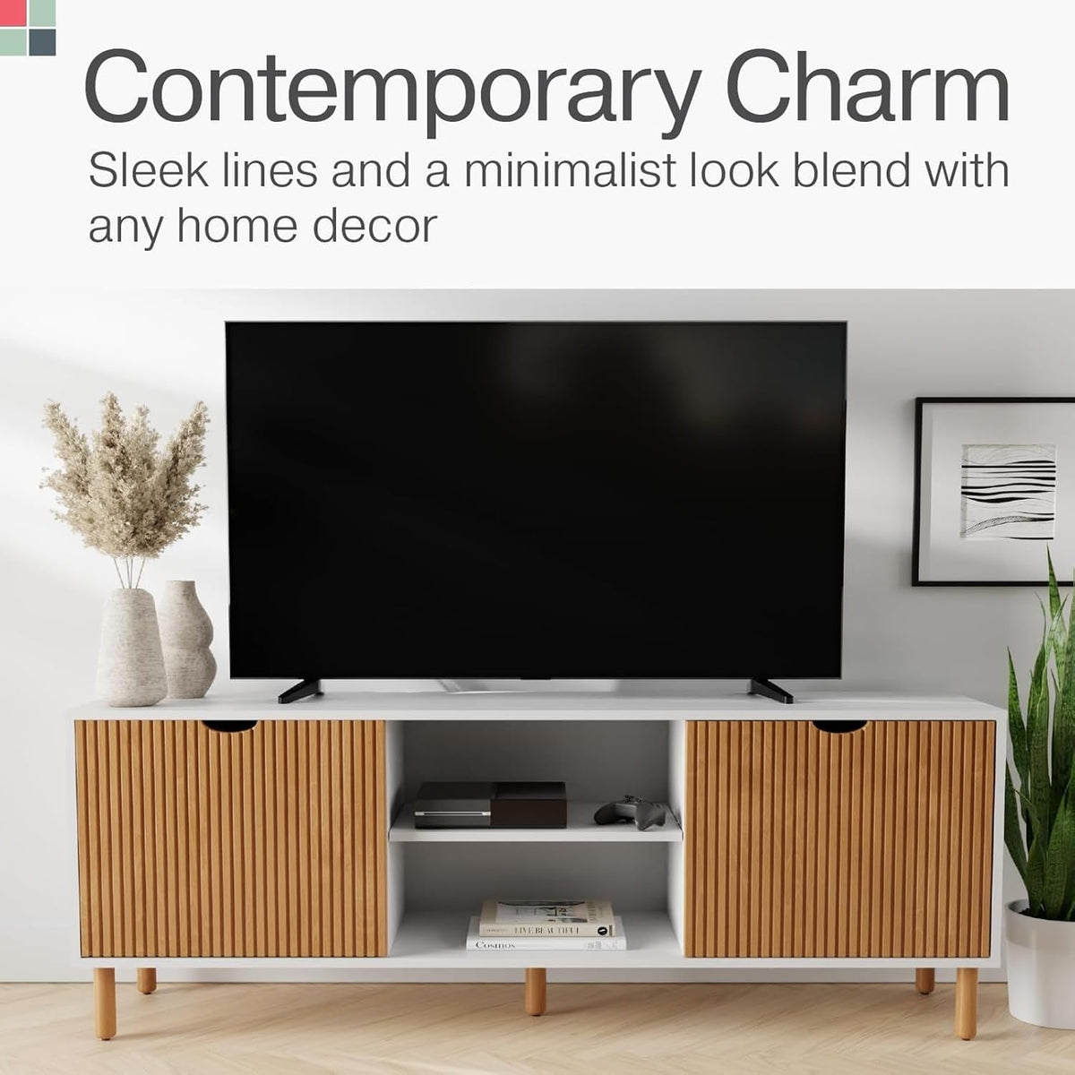 Stead Fluted TV Stand - Media Console & Console Table with Cord Management - Soft-Close Doors & Adjustable Shelves Storage Cabinet - Living Room Entertainment Center - 70-Inch White & Oak