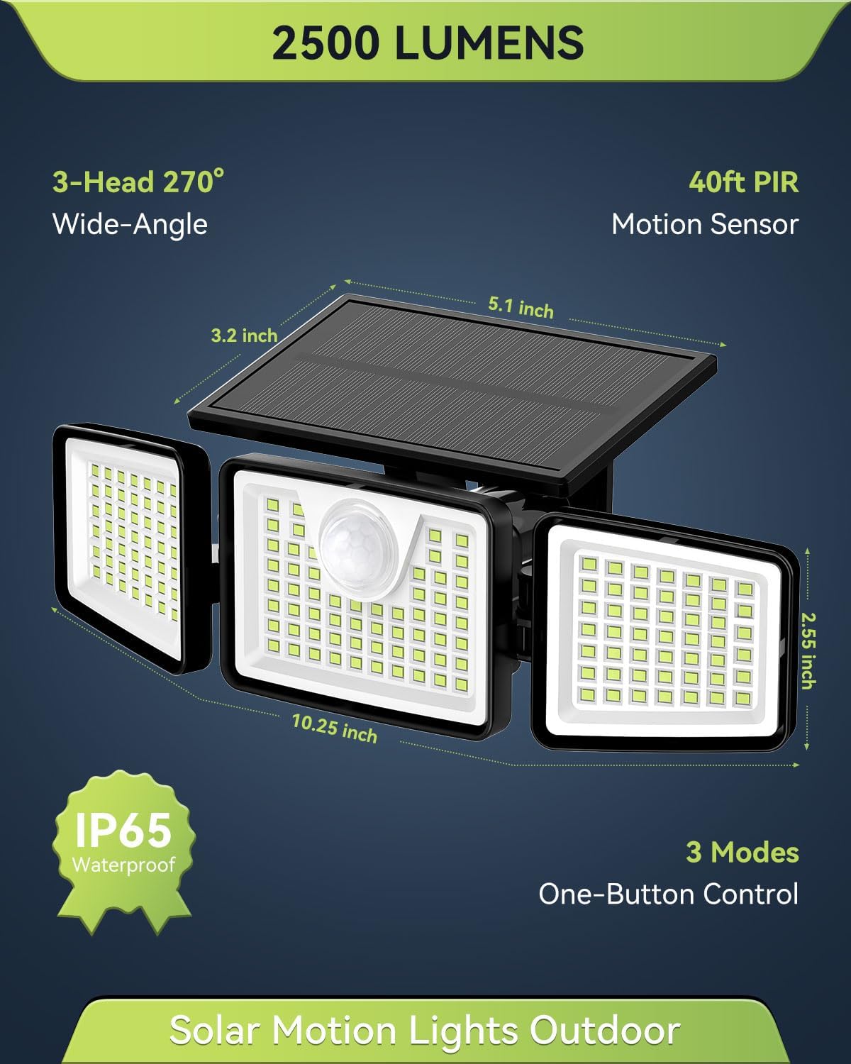 daphino 2500LM Solar Lights Outdoor with Motion Sensor,3 Head 270° Wide Angle Street Area Lights, IP65 Waterproof Security Lighting with 3 Modes(Non-Remote,2 Pcs)