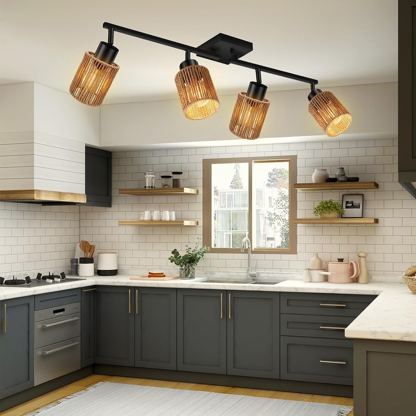 BoostArea 4 Light Track Lighting Kit, 4 Way Ceiling Spot Lighting with Handwoven Hemp Rope Lampshade, Flexibly Rotatable Light Head for Kitchen, Living Room, Bedroom, Bulb Not Included