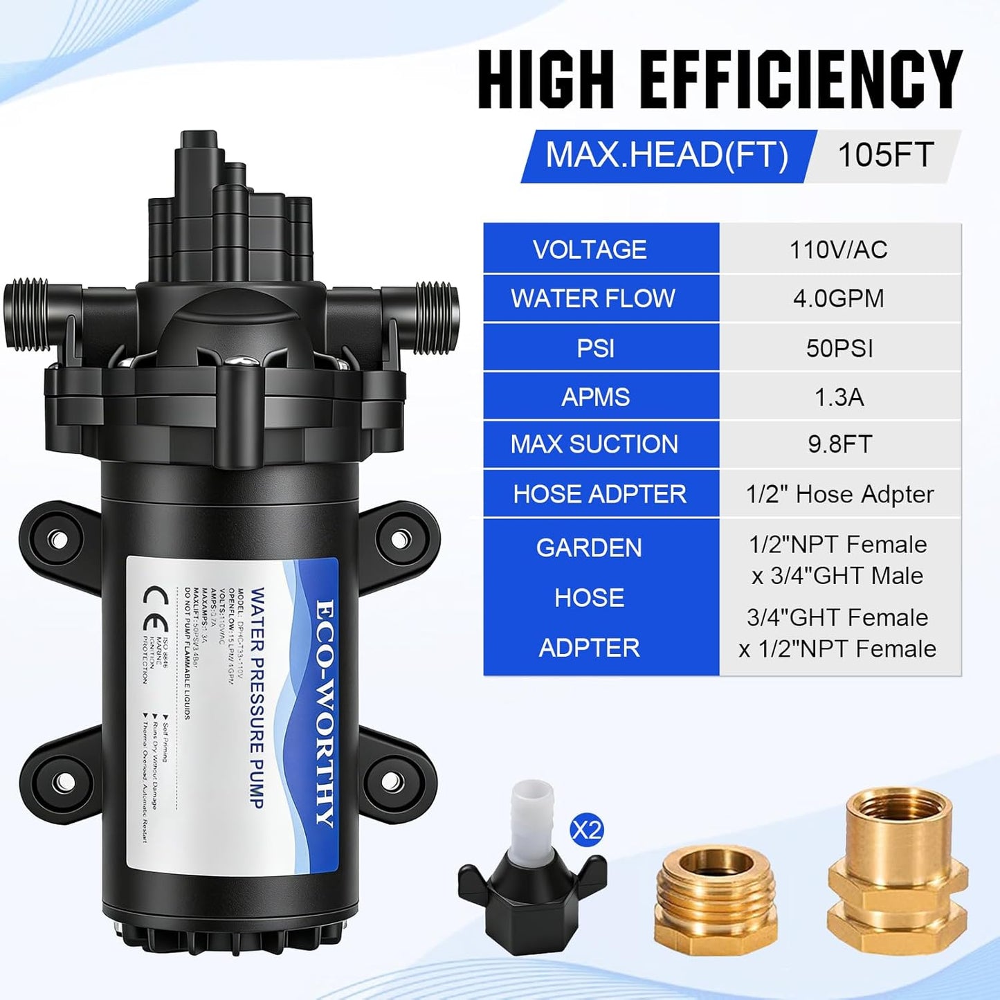 ECO-WORTHY 33-Series Industrial Water Pressure Pump 110V AC 4.0GPM 50PSI RV Fresh Water Diaphragm Pump include Garden Hose Adapters for Irrigation Marine Boat Sprinkler Faucet