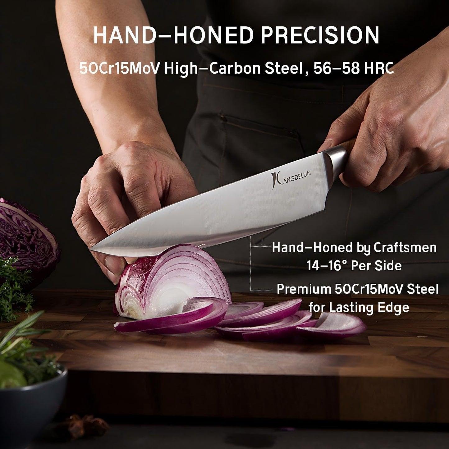 Kangdelun Ultra Sharp 14-Piece Kitchen Knife Set, High Carbon Stainless Steel Blades, Torrefied Brown Wood Handles, Ergonomic Design, Space-Saving Black-Finished Wood Block, Easy Hand Wash, Gift Box