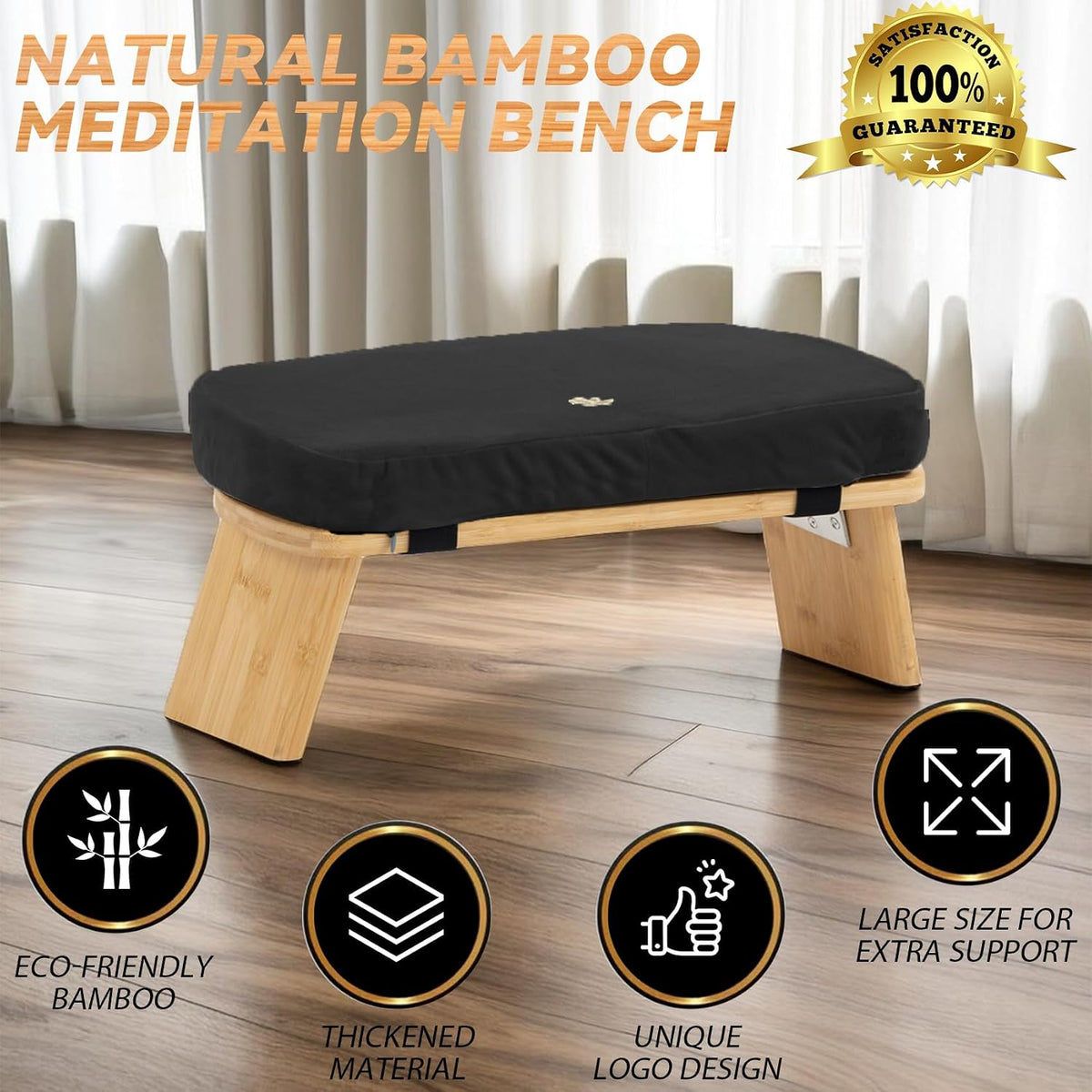 Bamboo Meditation Bench, Foldable Prayer Stool (Black)