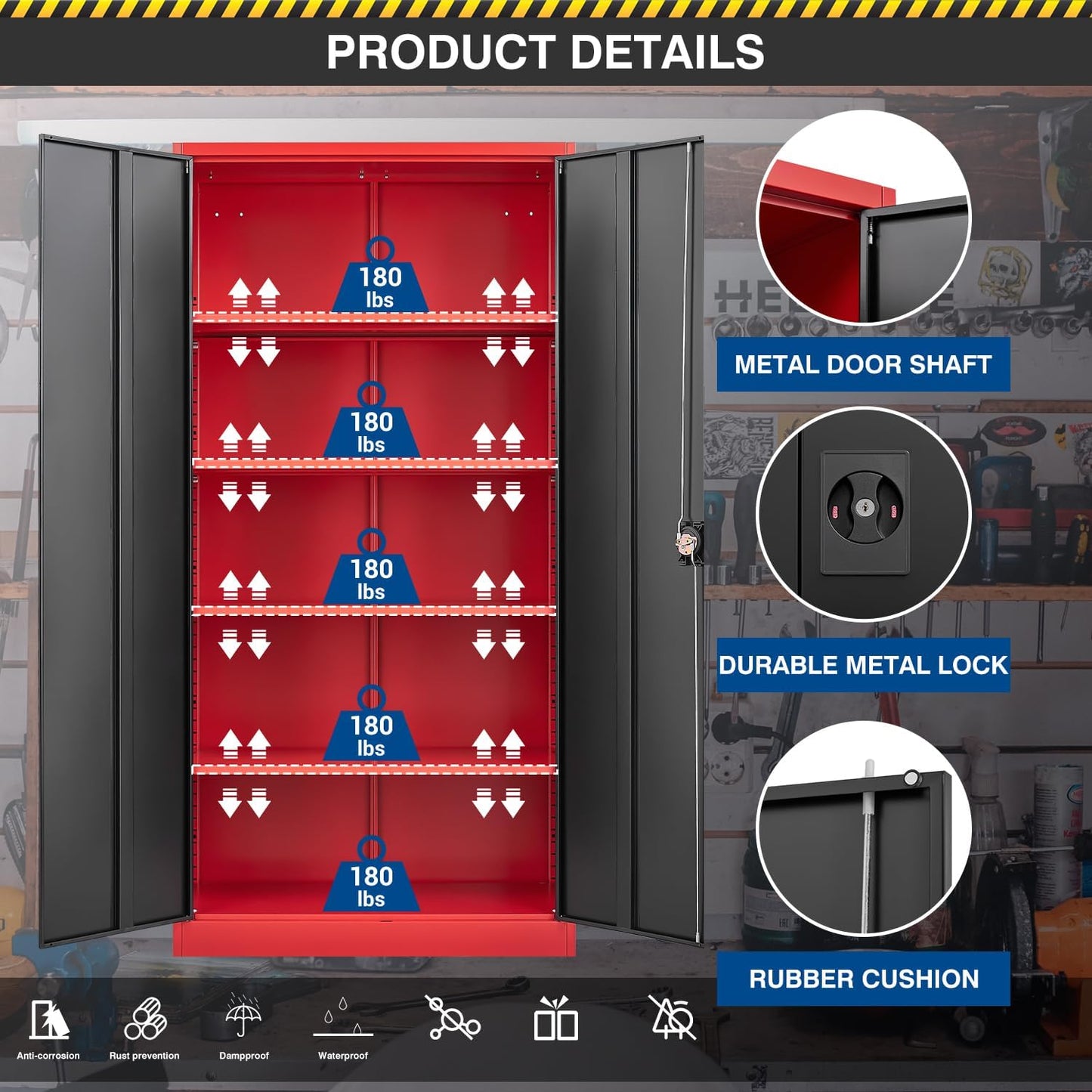 Fesbos Metal Storage Cabinet-71” Tall Steel File Cabinets with Lockable Doors and Adjustable Shelves-Black&Red Steel Storage Cabinet for Home,Kitchen, School, Office, Garage