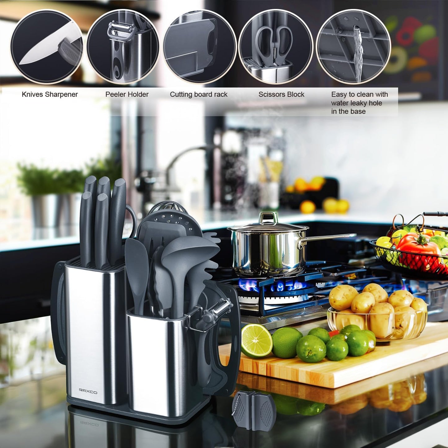 RAXCO Kitchen Set,7-Piece Cooking Utensils,5-Piece Kitchen Gadgets,6-Piece Knife set,Gray