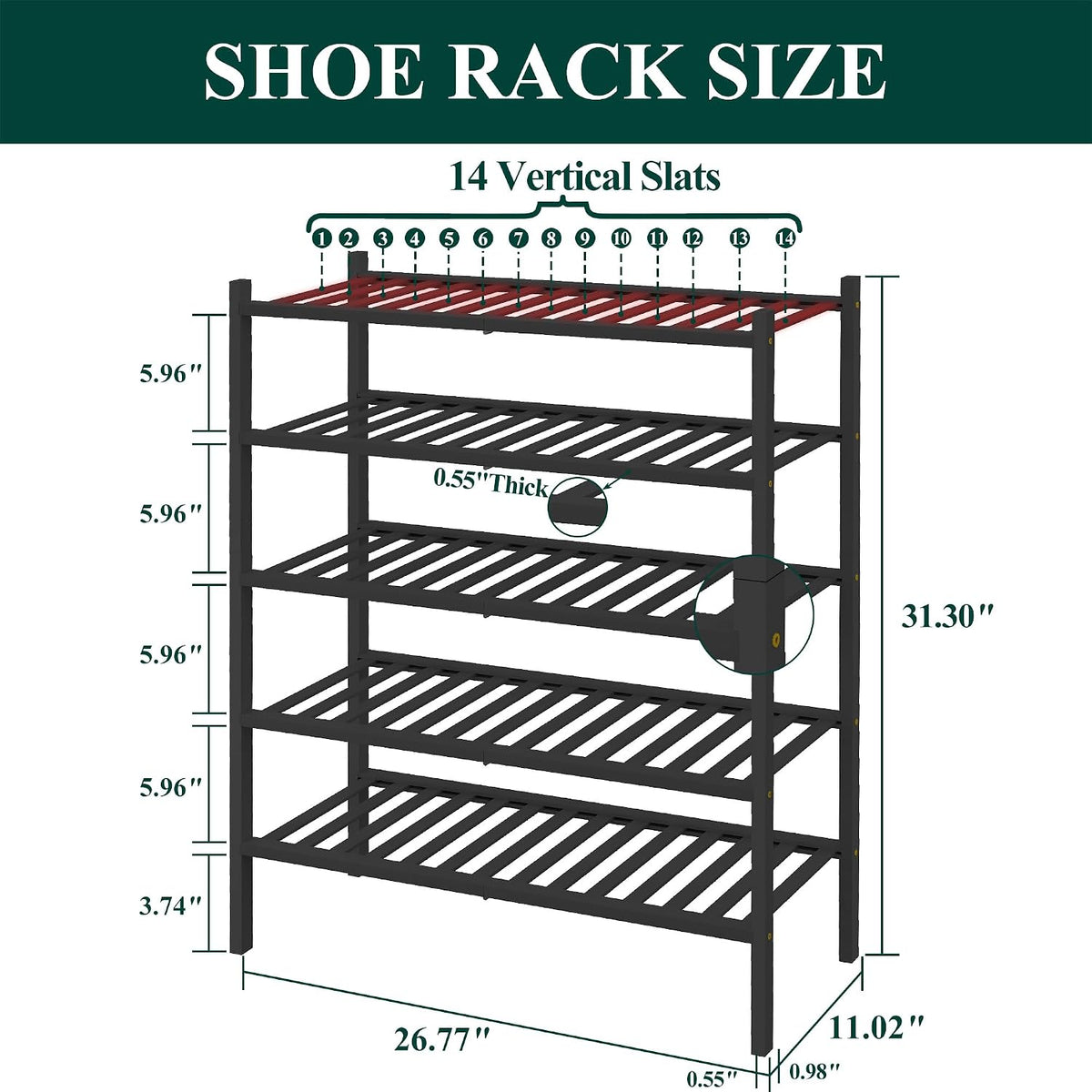 Smiry Bamboo Shoe Rack for Closet, 5 Tier - 26.77" Wide, Black