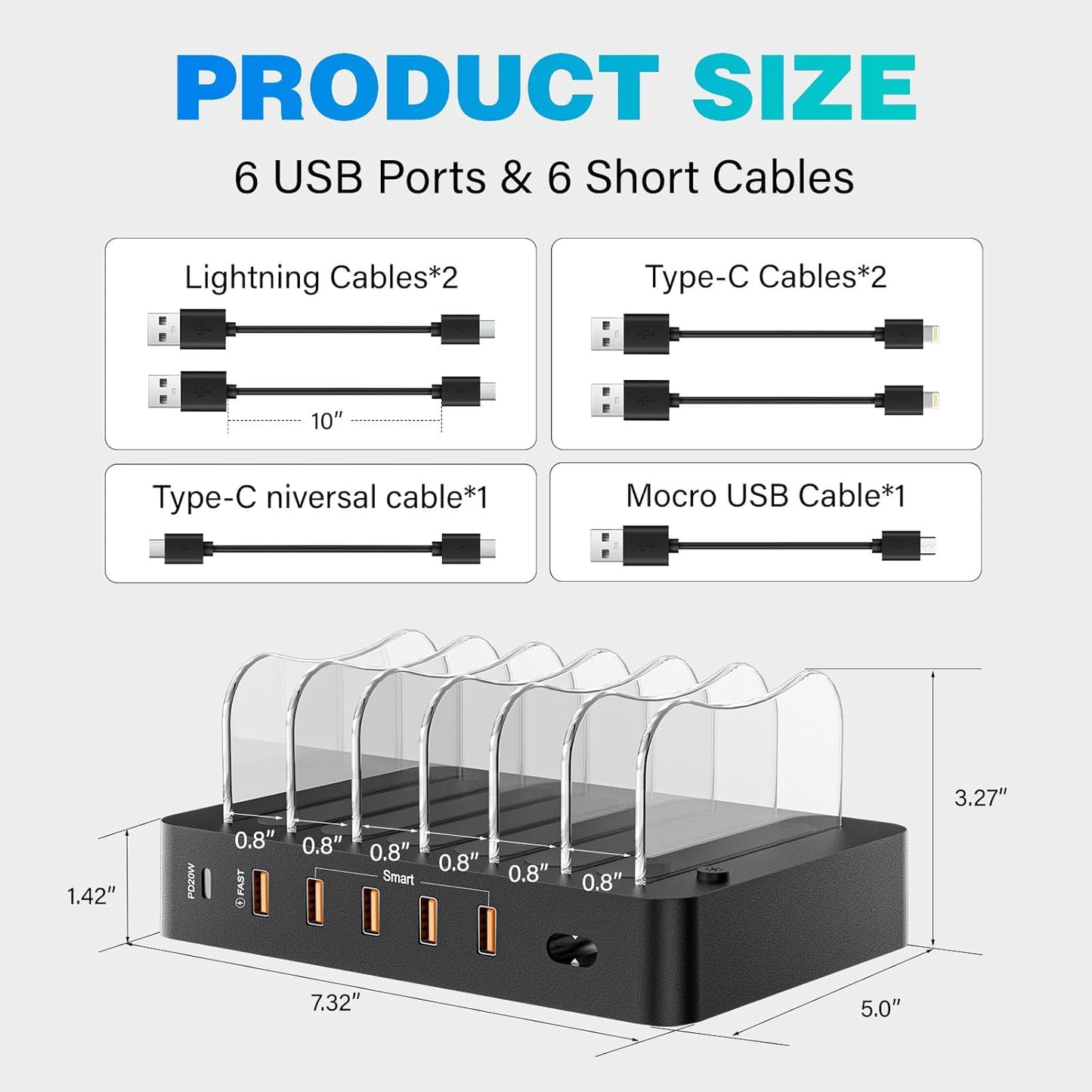 Charging Station for Multiple Devices 68W 6 Port Phone Charger Dock with 6 Cables, 20W Black Fast Charging Station Compatible with Apple Cellphone iPad iPhone Tablet(Black)