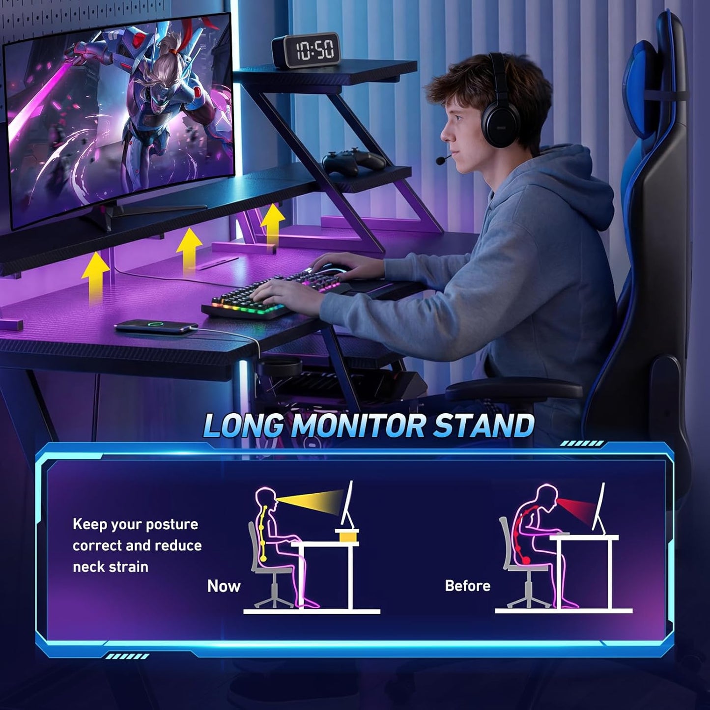 Korfile 40 Inch Gaming Desk with LED Lights & Power Outlet, L Shaped Computer Gaming Table with Storage Shelves, Reversible Corner Desk with Monitor Stand for Home Office, Carbon Fiber Black
