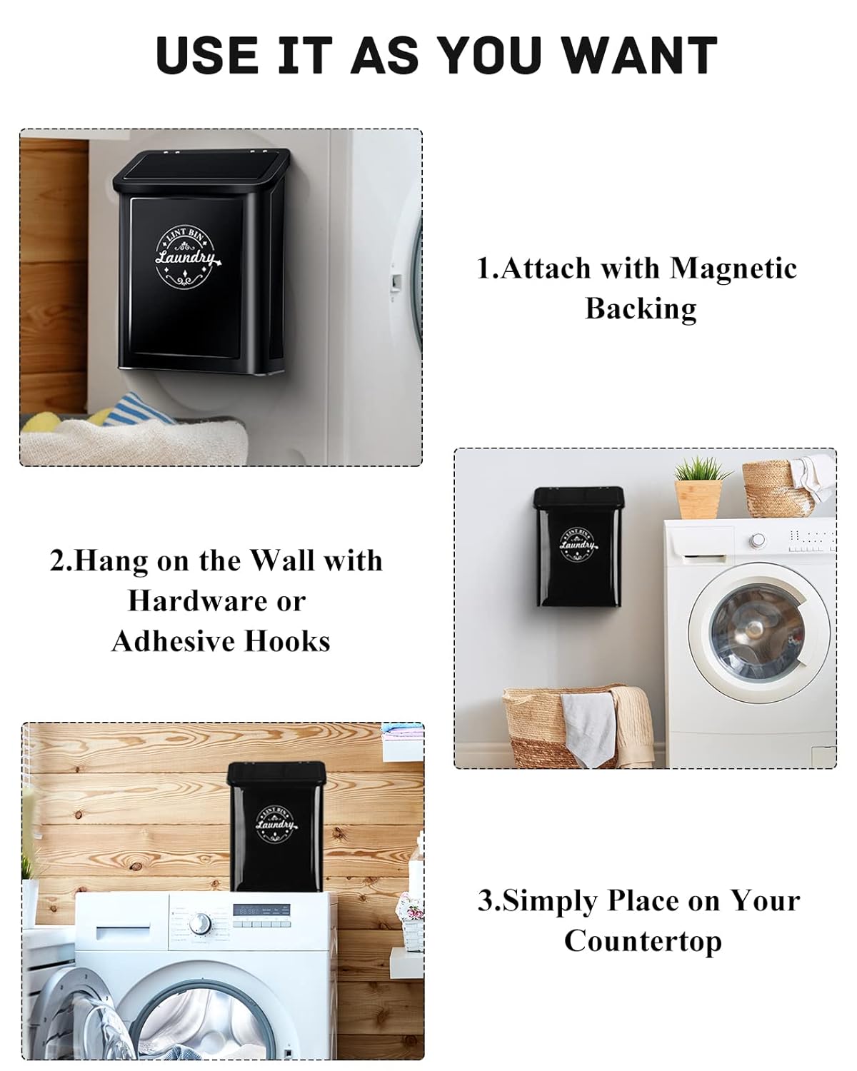 SACREDAY Magnetic Lint Bin for Laundry Room Organization and Storage with Brush, Wall-Mounted Laundry Dryer Lint Bin for Laundry Room Decor, Space-Saving Laundry Trash Can (Black)