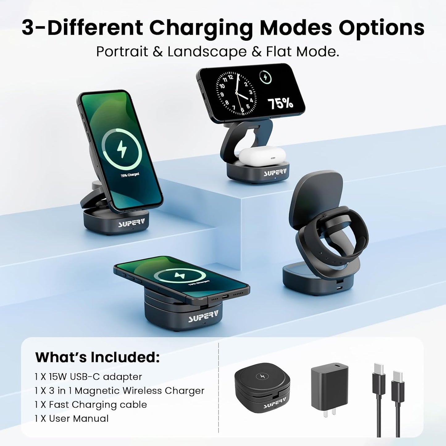 SUPERV 3-in-1 Wireless Charging Station: Charger Stand for Multiple Devices for Apple - iPhone 17/16/15/14/13/12 Series, Apple Watch, Airpods, Portable Travel Charging Station (Black)