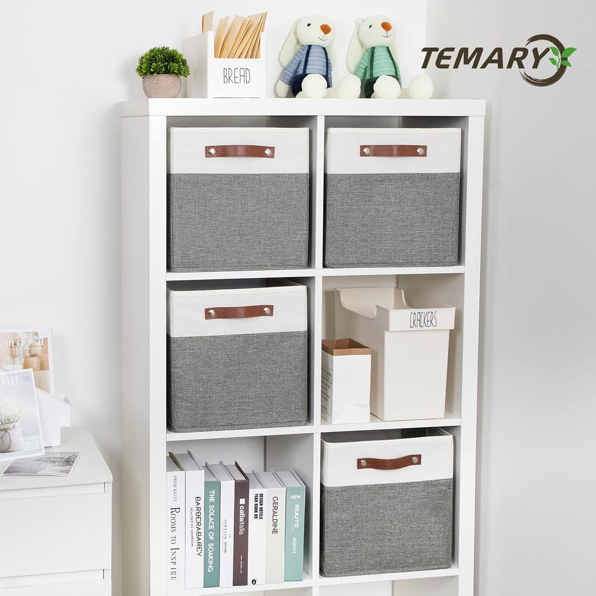 Temary Storage Cubes 12x12 Fabric Cube Storage Bins Foldable Storage Baskets with Handles, Decorative Storage Boxes for Organizing, Home, Office, Nursery, Shelf, Closet (White & Grey, 12 x 12 x 12)