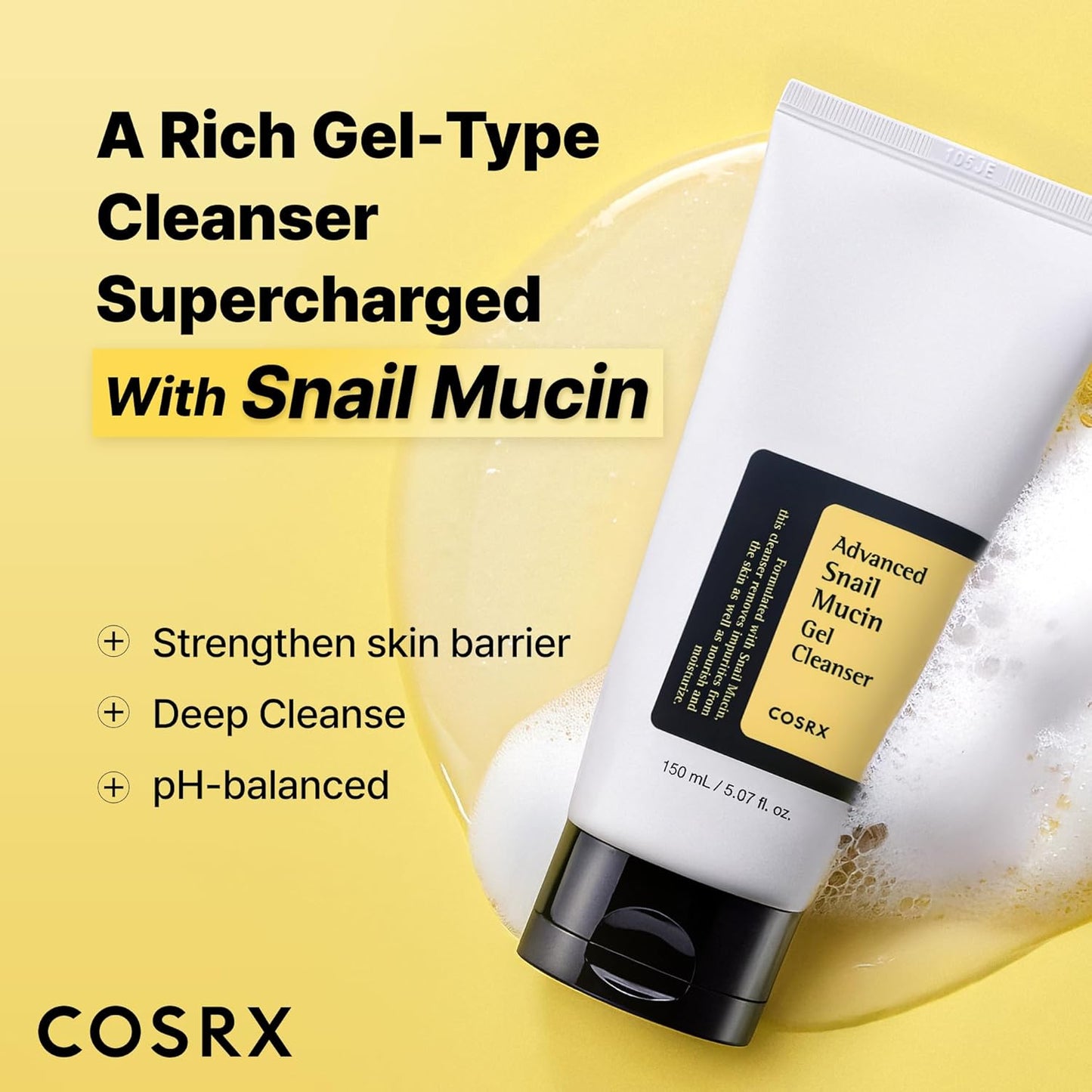 COSRX Advanced Snail Mucin Gel Cleanser, 5.07 Fl Oz / 150 mL, Rich Daily Deep Cleansing Gel Cleanser for Dull, Dry & Sensitive Skin, Korean Skin Care, Korean Face Wash
