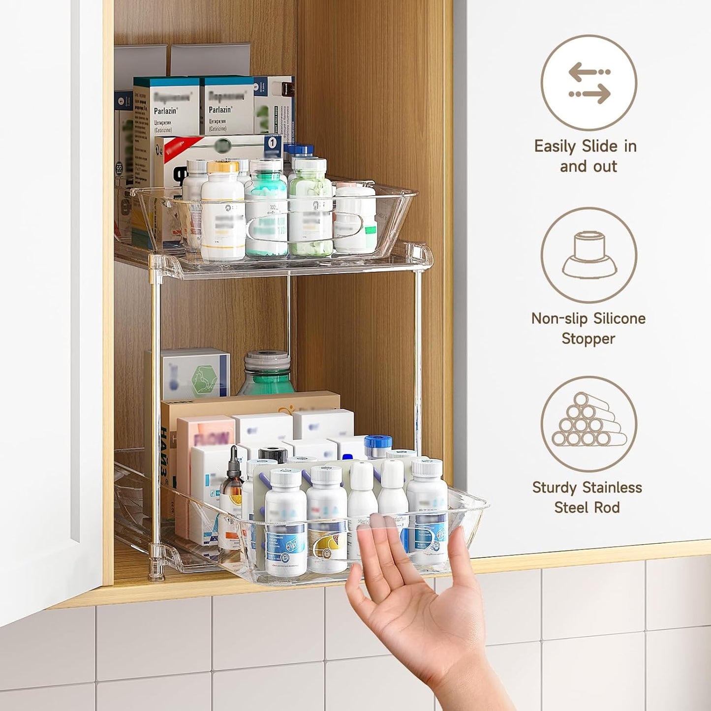 Sevenblue Under Sink Organizer, Bathroom Organizers and Storage, 2 Tier Multi-Use Pull Out Cabinet Organizer with Hang Hooks and Cups (transparent, 4 Pack)