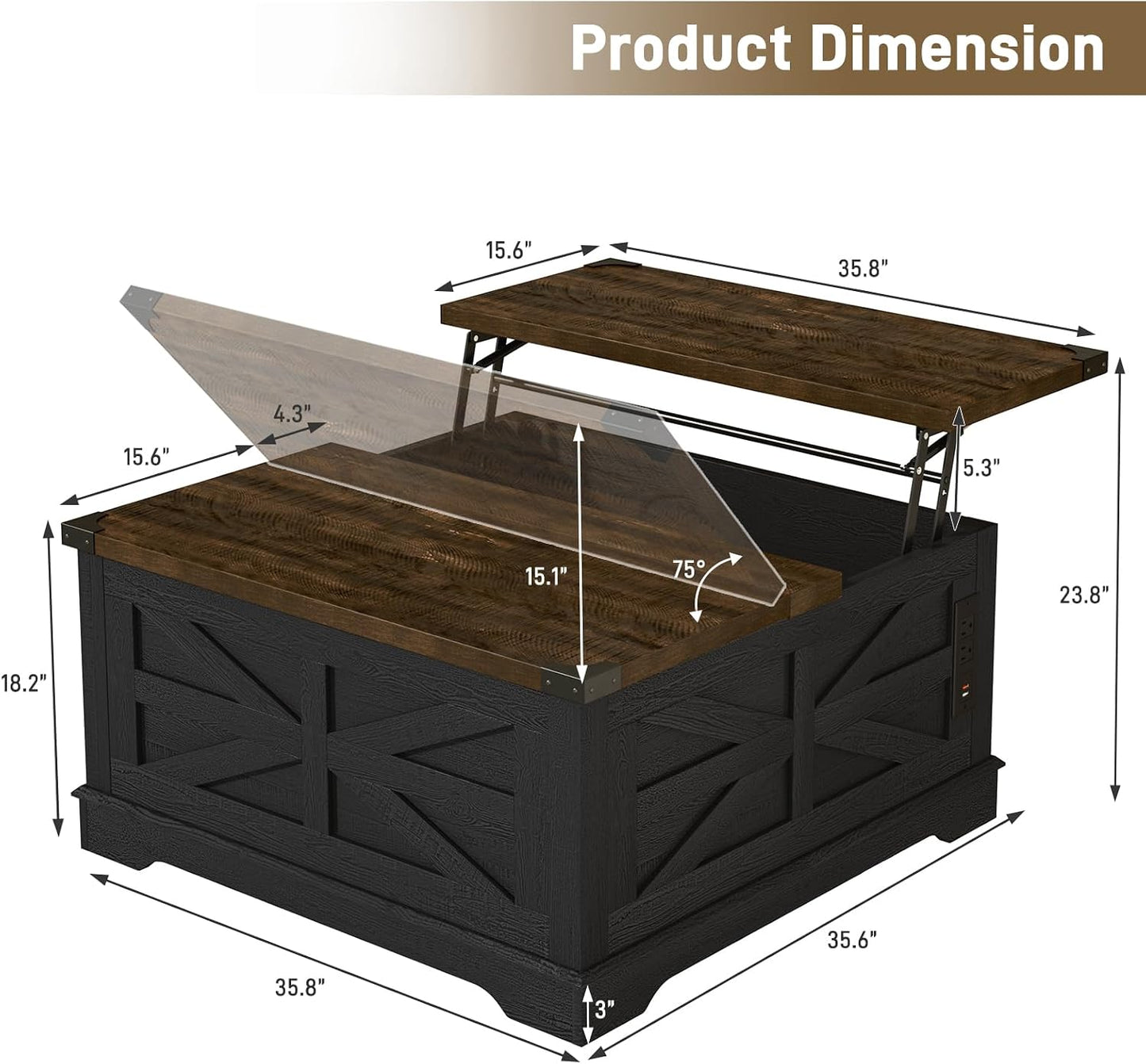 Hlivelood 36" Farmhouse Movable Lift Top Coffee Table with Storage and Power Outlets, Square Wood Living Room Tables with Wheels&Large Hidden Space, Lift Wooden Barn Door Center Table, Black