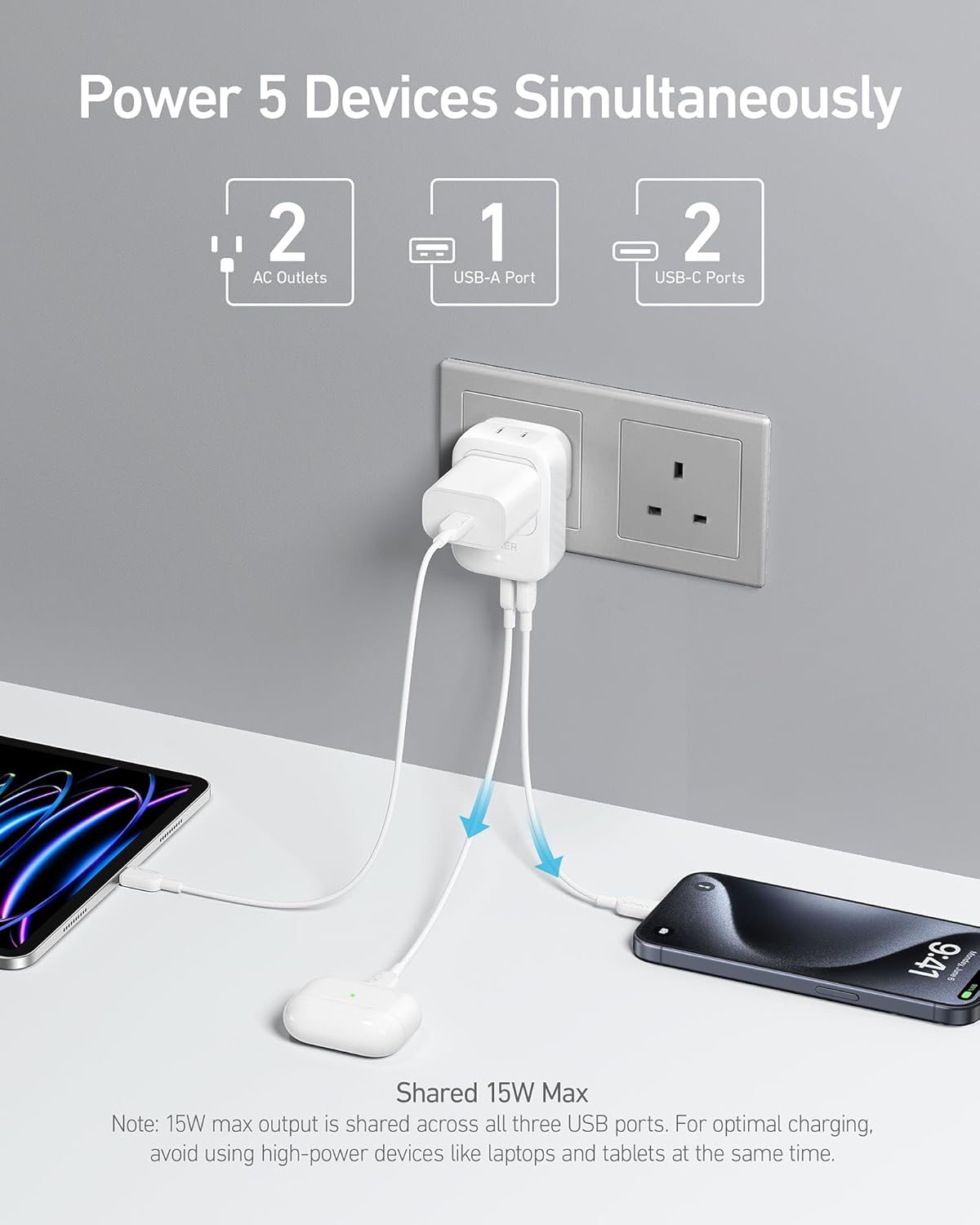 Anker Travel Adapter, Type G Adapter for Travel, US to UK Plug Adapter International Travel Essentials, 2 AC, 1 USB A, 2 USB C for 15W, Compact for iPhone, iPad, England, Ireland, TUV Listed