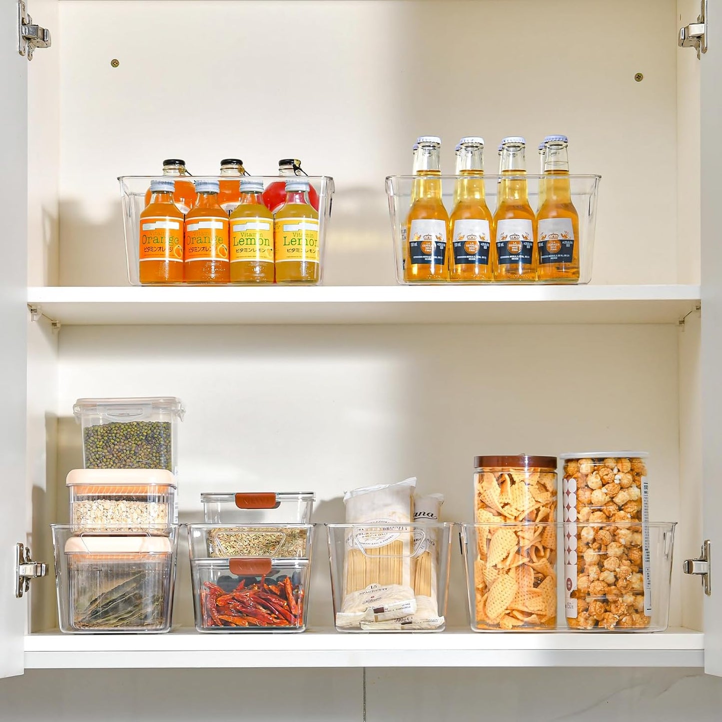 Freebat 12 Pack Middle Organizers and Storage, Pantry Organization and Storage Bins, Cabinet Organizer, Clear Plastic Storage Containers with Handle，Acrylic Storage Bins for Cabinet, Fridge