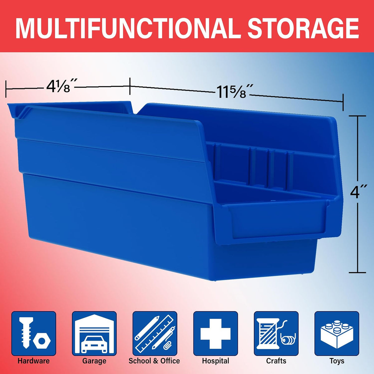 Akro-Mils 30120 Plastic Shelf Bins, Heavy Duty Storage Bins for Garage, Closet, and Drawer Organization, 12" x 4" x 4", Red, 24-Pack