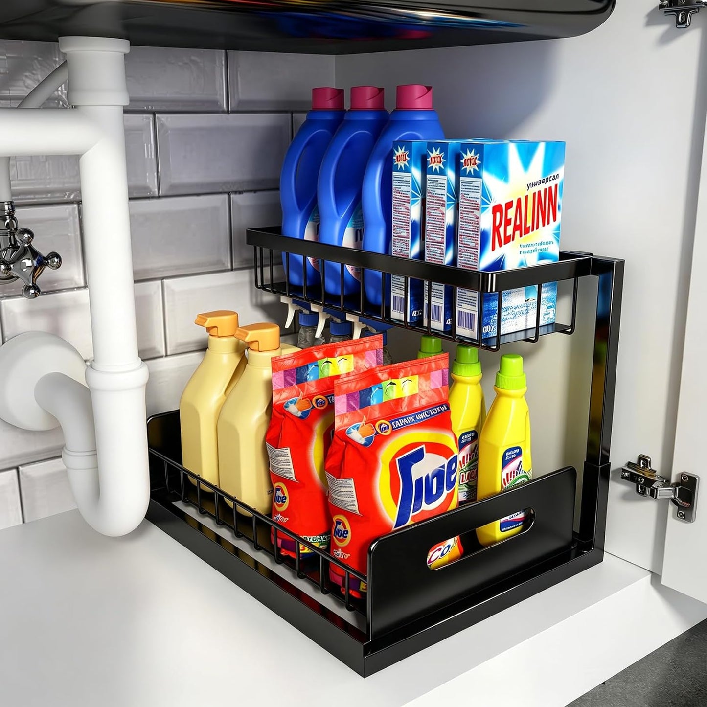 REALINN Under Sink Organizer, Pull Out Cabinet Organizer, 2 Tier Metal Slide Out Shelf with L Shaped Design for Kitchen, Bathroom, Laundry, and Utility Cabinet Storage for Deep Cabinets, Black, 1 Pack