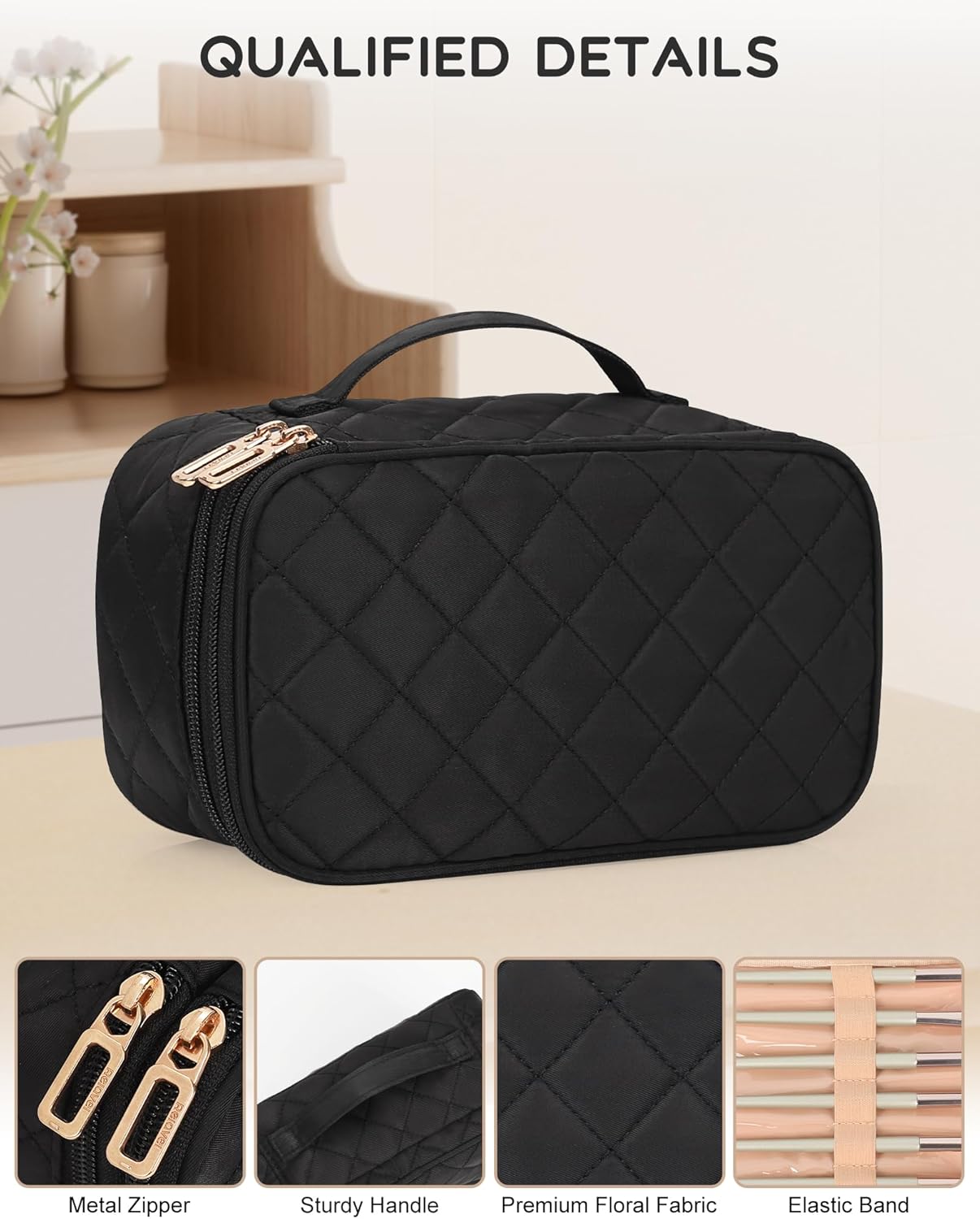 Relavel Small Makeup Bag, Travel Makeup Bag, Cosmetic Bag for Women, 2 Layer Makeup Organizer, Black Make Up Pouch Waterproof, Makeup Brush Holder, Durable Zipper (Black)