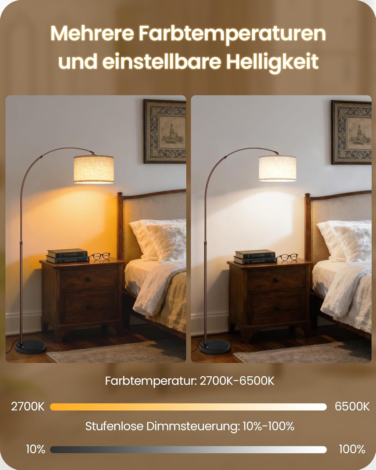 75" Arc Floor Lamp with Marble Base and Adjustable Height, Rotating Hanging Shade, Dimmable Floor Lamp for Living Room with Remote and Foot Switch, 3CCT, Over Couch Arched Light, Beige Brown VE15LD05