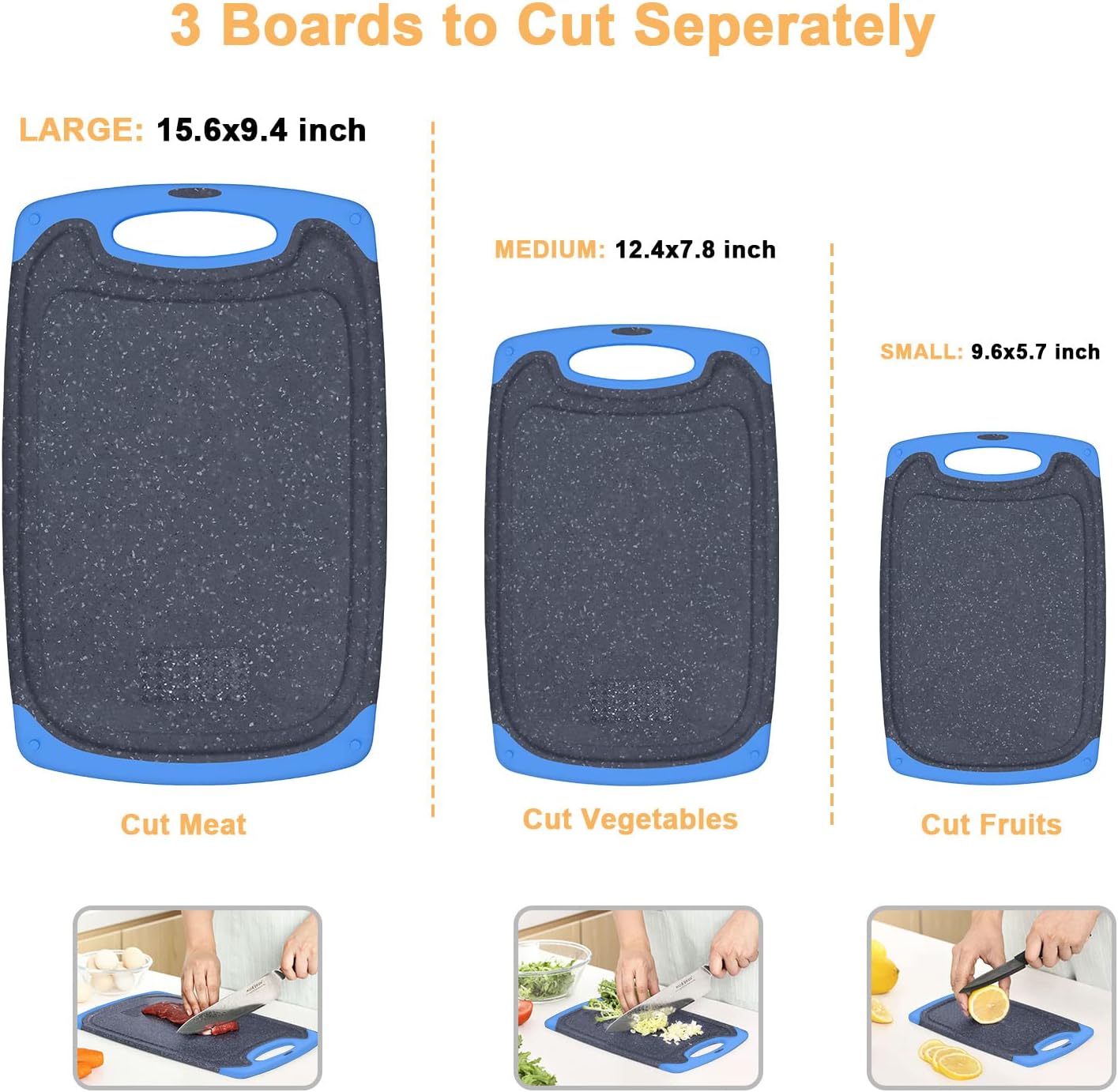 Viretang Non Slip Cutting Board, 3 Pieces Dishwasher Safe Cutting Boards with Juice Grooves, Easy Grip Handle, Non-Slip, with Grinding Area for Grinding Garlic and Ginger（blue）
