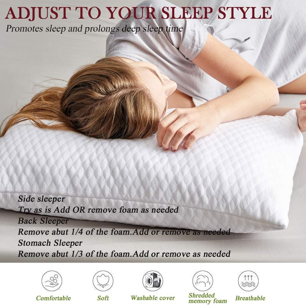 NTCOCO Shredded Memory Foam Bed Pillows for Sleeping Queen Size Set of 2,with Washable Removable Hypoallergenic Sleep Pillow for Back and Side Sleeper