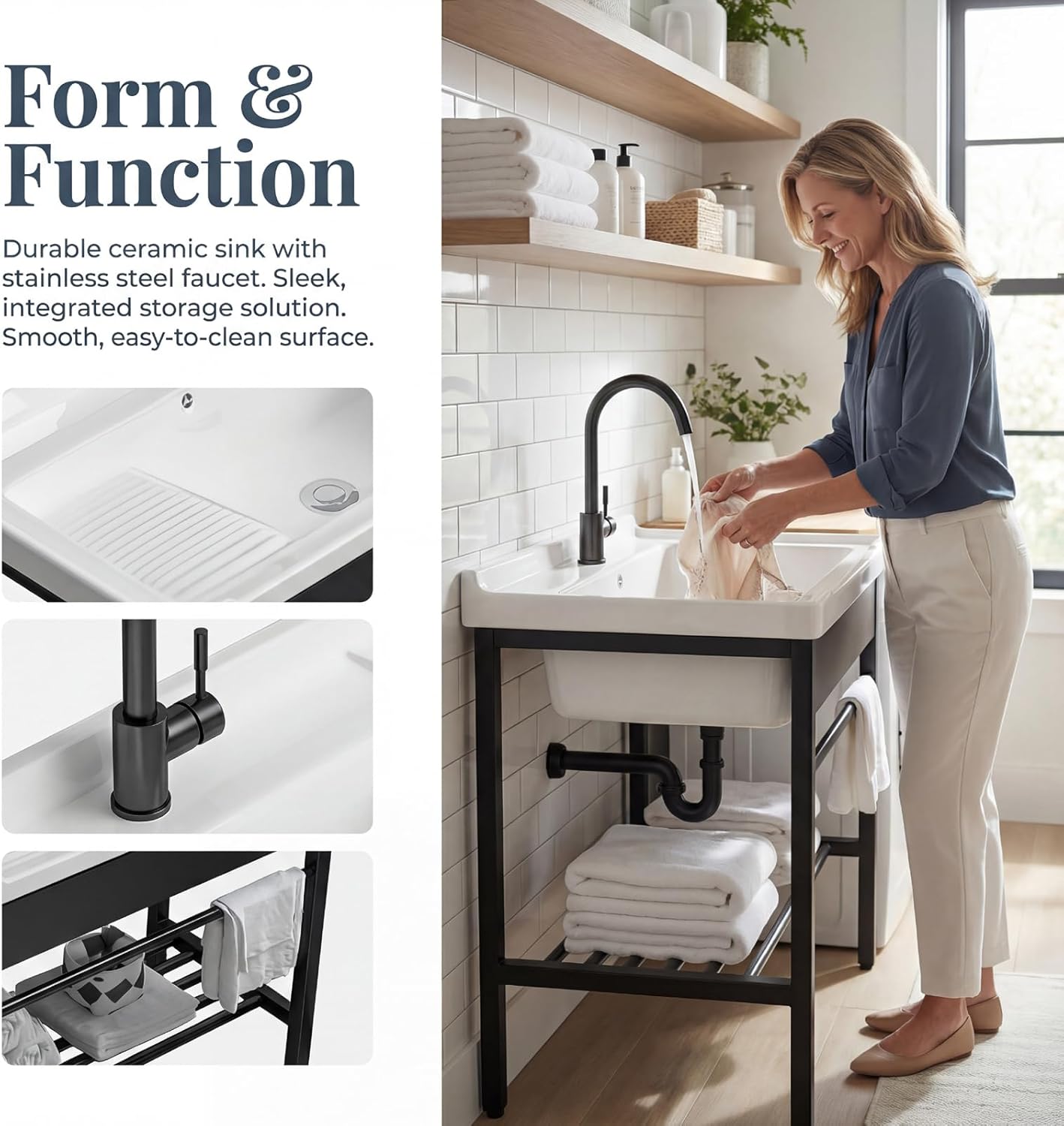 Freestanding Laundry Utility Sink, 28.3" x 19" x 32.3" Ceramic Utility Sink with Washboard Set with Bracket and Drain Kit for Laundry Room, Utility Room, Garage, Basement, Outdoor and Indoor