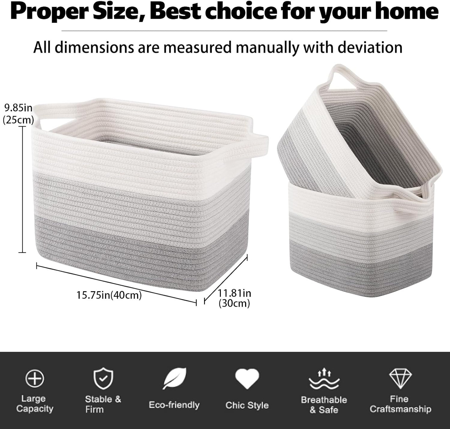 OIAHOMY Woven Storage Basket, Cotton Rope Baskets for Toys,Towel, Clothes, Used to Bathroom,Living Room,Nursery,Bedroom, 16"x12"x10"- Pack of 3, Gradient Gray