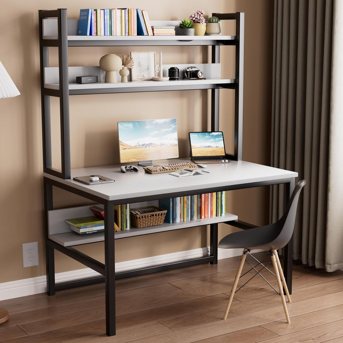 Aquzee Computer Desk with Shelves, 47" W x 23.6" D Gaming Desk with Hutch and Bookshelf, White Study Table for Bedroom Space Saving with 3 Tier Storage Shelf, Home Office Desk for Writing Work