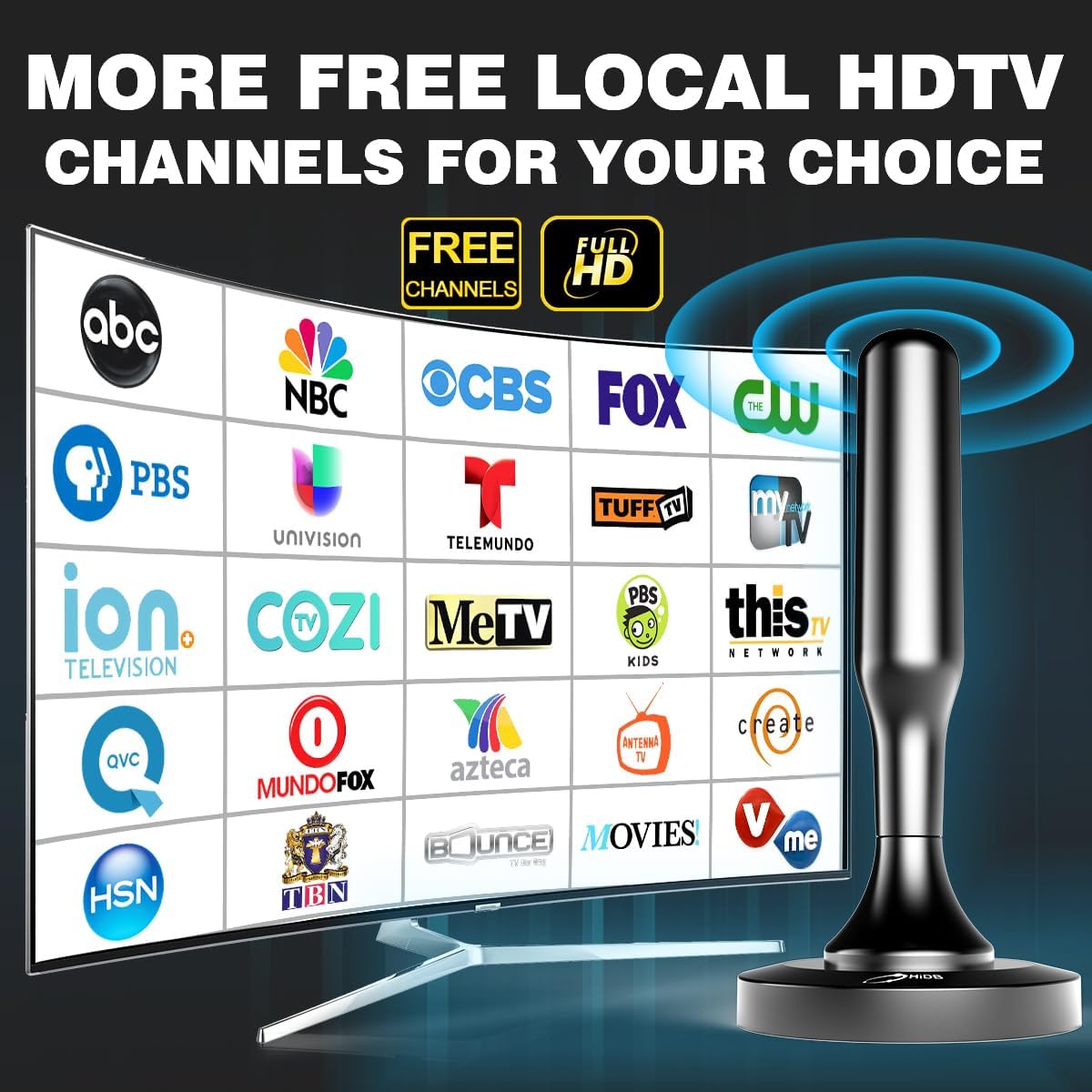 HIDB TV Antenna for Smart TV Indoor, Digital Indoor TV Antenna for Local Channels with Strong Magnetic Base, Easy Installation, Long Range Reception, 4K HD 1080P, 10ft Cables