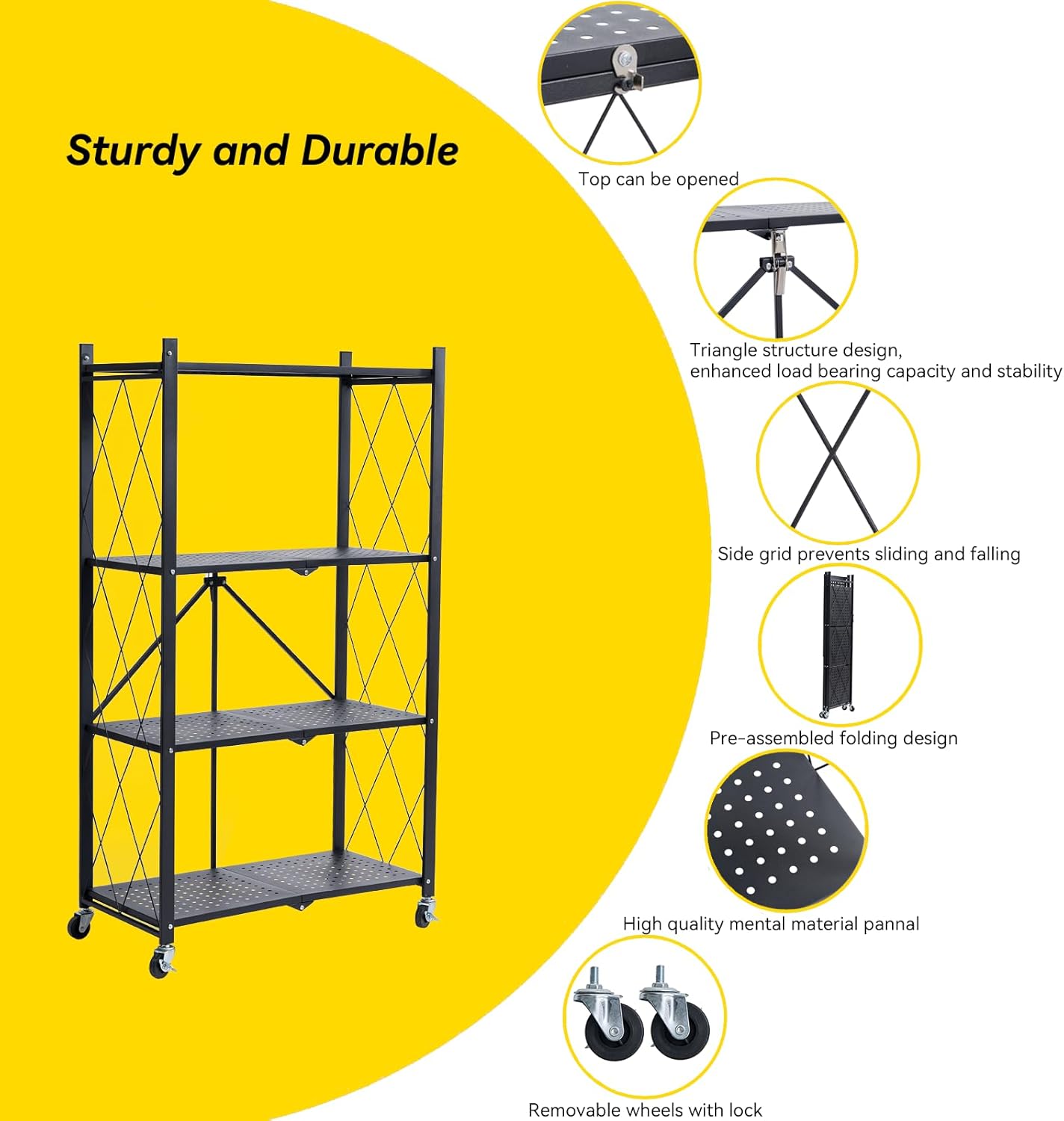 BRIAN & DANY 4-Tier Foldable Storage Shelves with Wheels, Folding Metal Rack Shelving Unit, Heavy Duty No Assembly Organizer Shelf for Garage, Kitchen, Basement, Pantry, Black