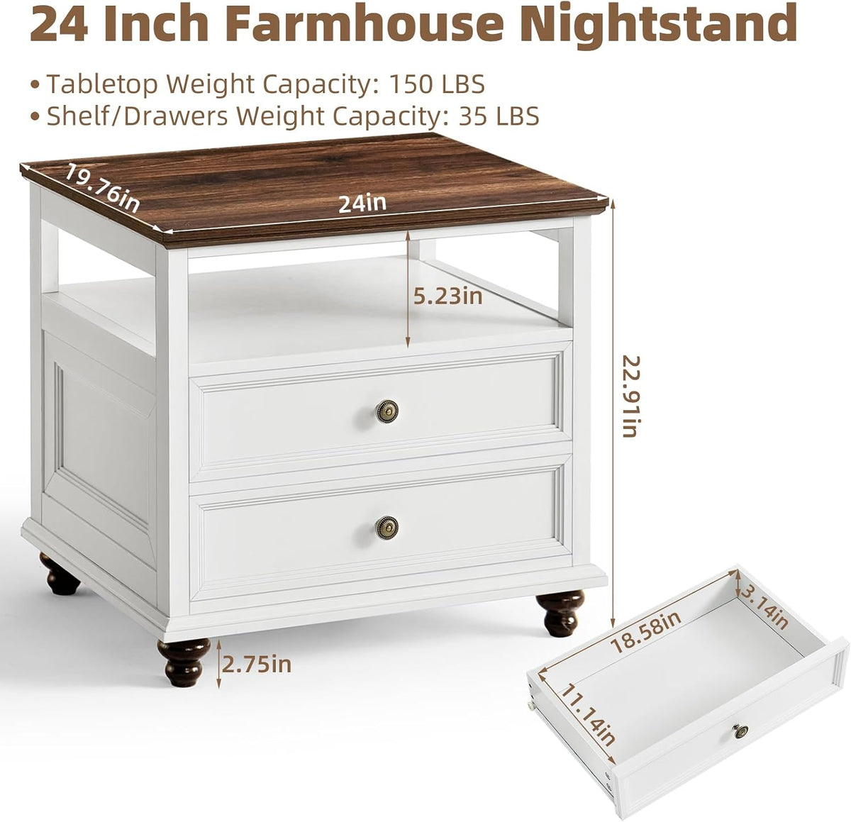 Joaxswe 24" Wide Farmhouse Night Stand Set of 2,Large End Table with 2 Drawers & Metal Handle,White Wood Dresser for Bedroom, Bed Side Table Chest of Drawers Cabinet, Nightstand for Living Room,Closet